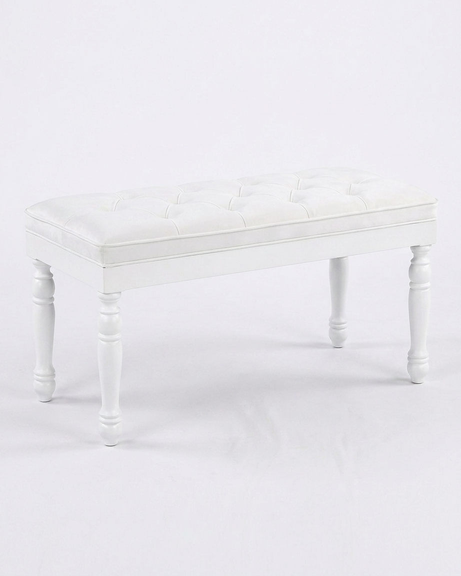 Kapitoneli Beyaz Bench Puf 90x40 cm | Ahşap Ayaklı Oturma Pufu