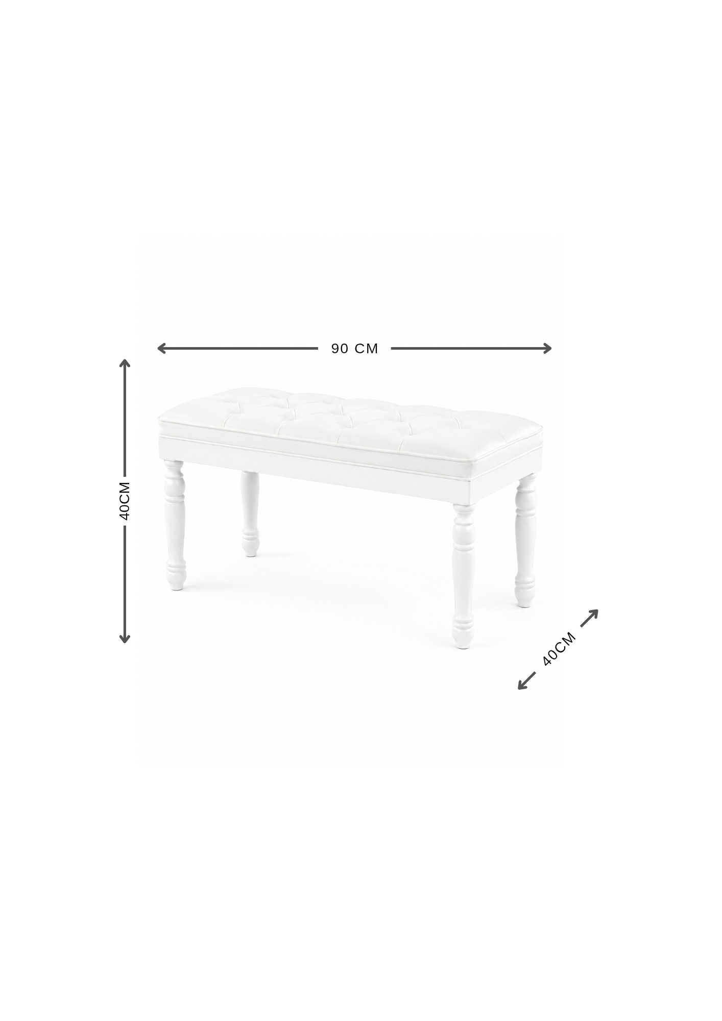 Kapitoneli Beyaz Bench Puf 90x40 cm | Ahşap Ayaklı Oturma Pufu