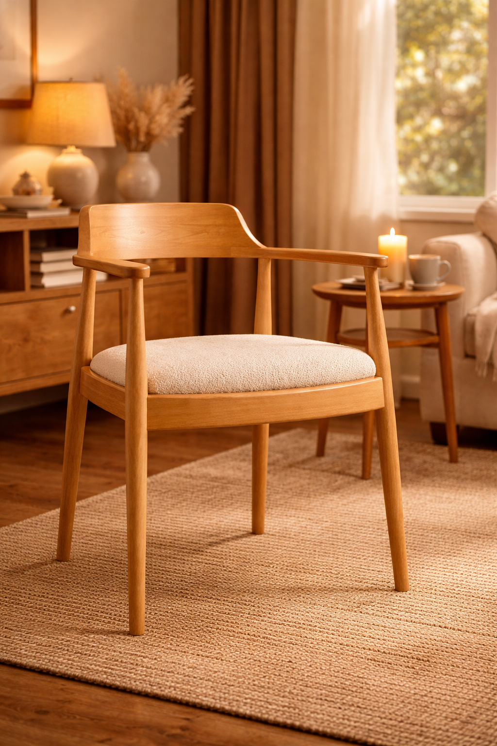 Kerben Natural Kayın Ahşap Kolçaklı Sandalye Detaylı İşçilik Modern Şık Tasarım