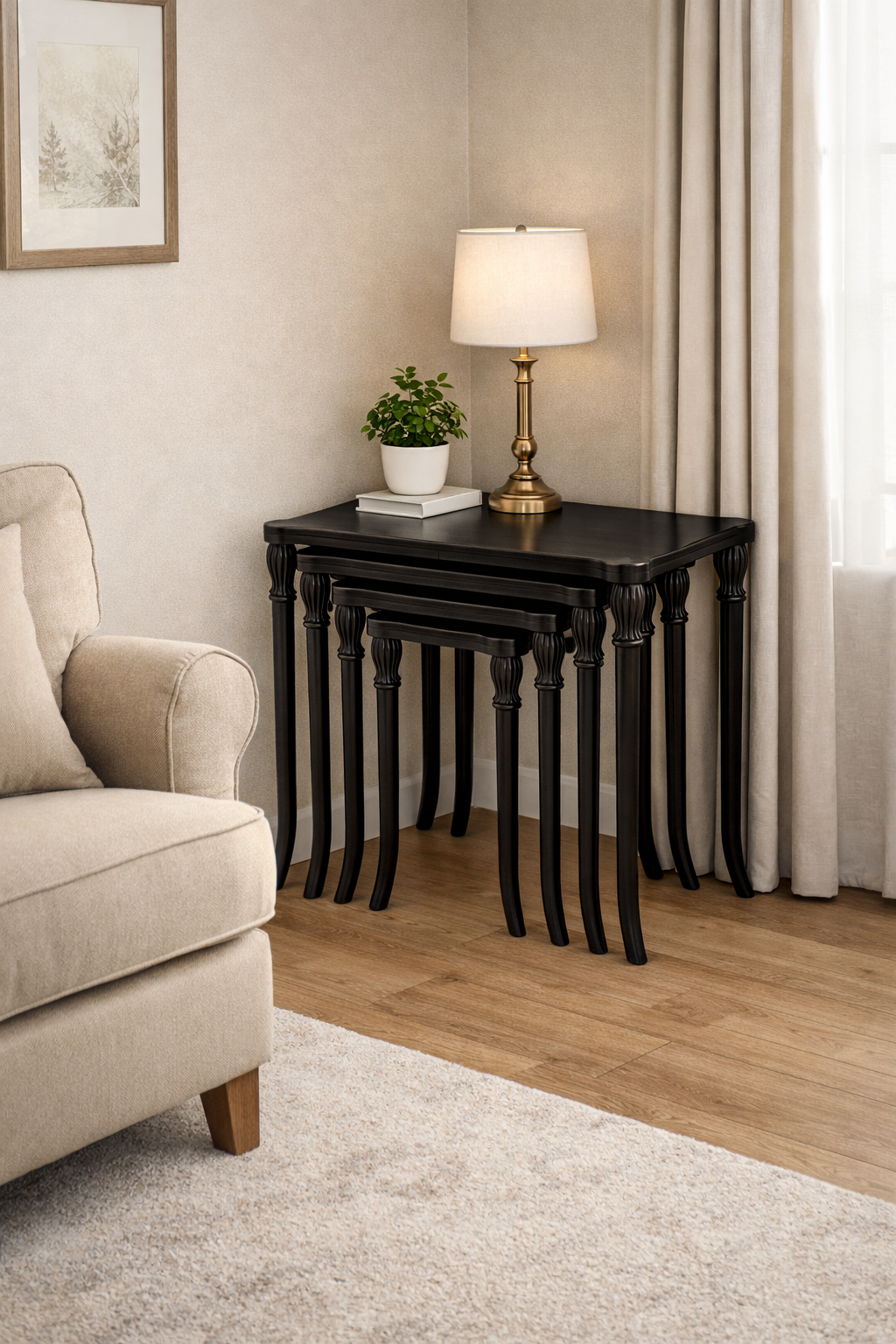 Klasik Ayaklı Ahşap Zigon Sehpa Seti – 3'lü – Salon İçin