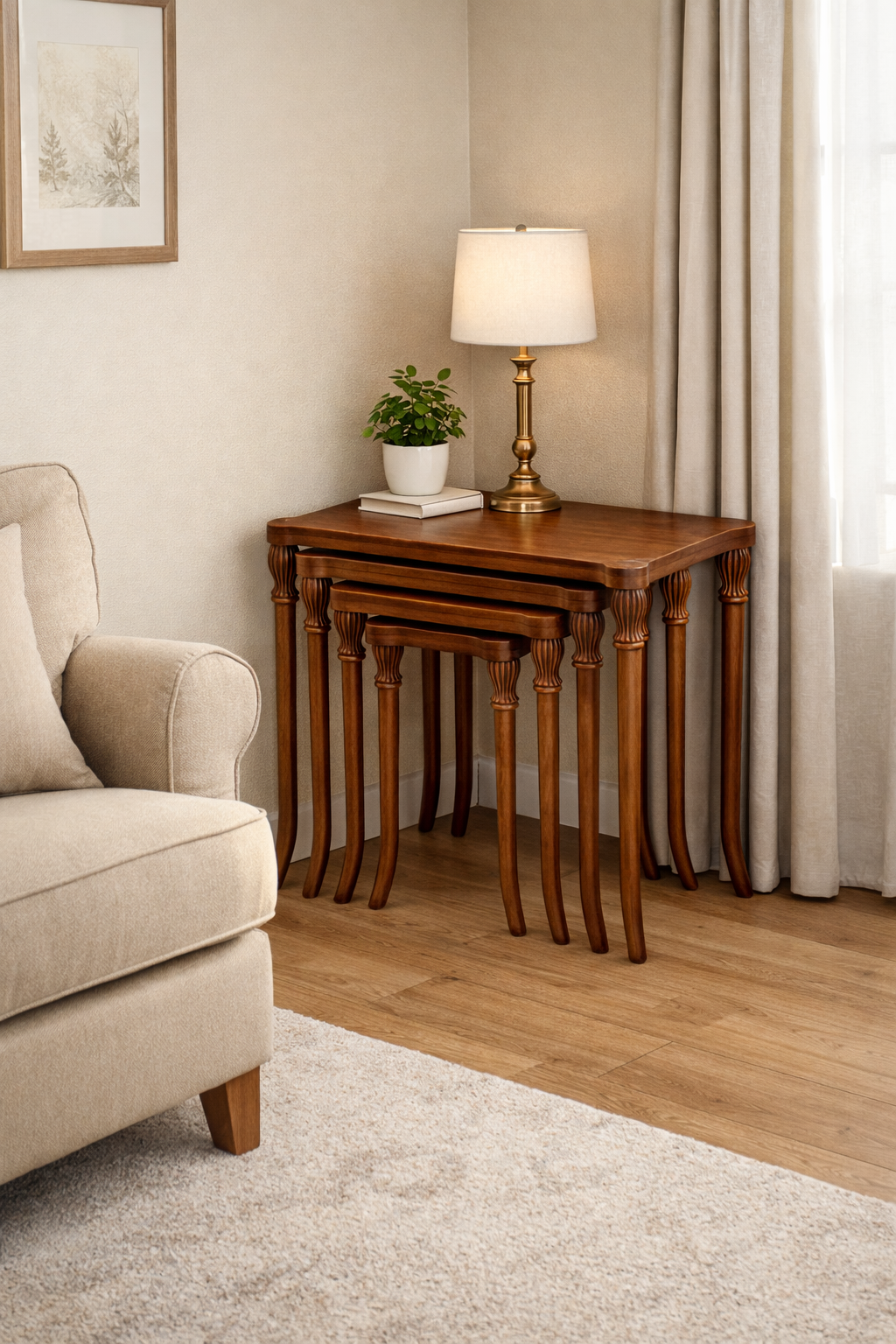 Klasik Ayaklı Ahşap Zigon Sehpa Seti – 3'lü – Salon İçin