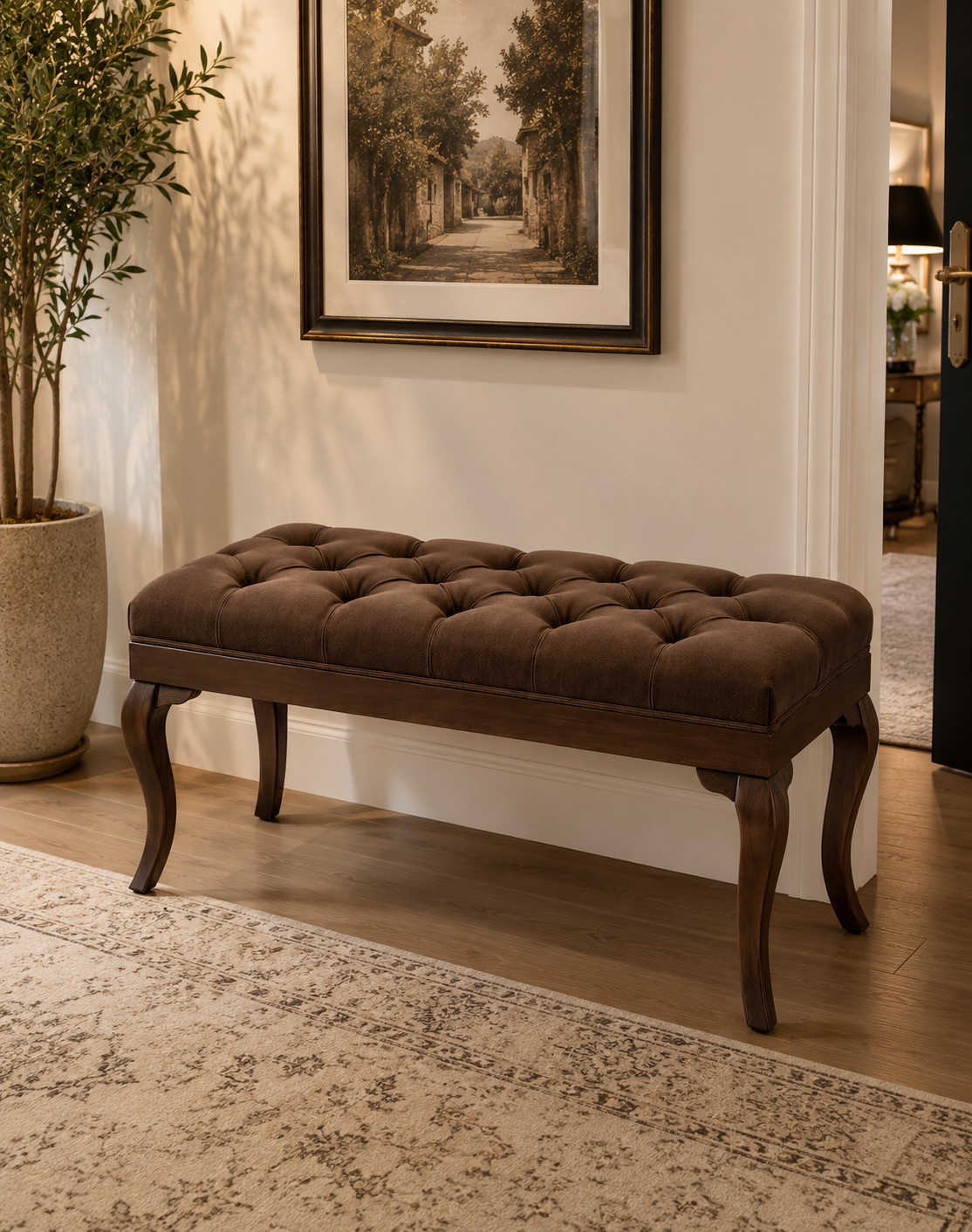 Klasik Kapitoneli Puf Bench 122x42 cm – Beyaz