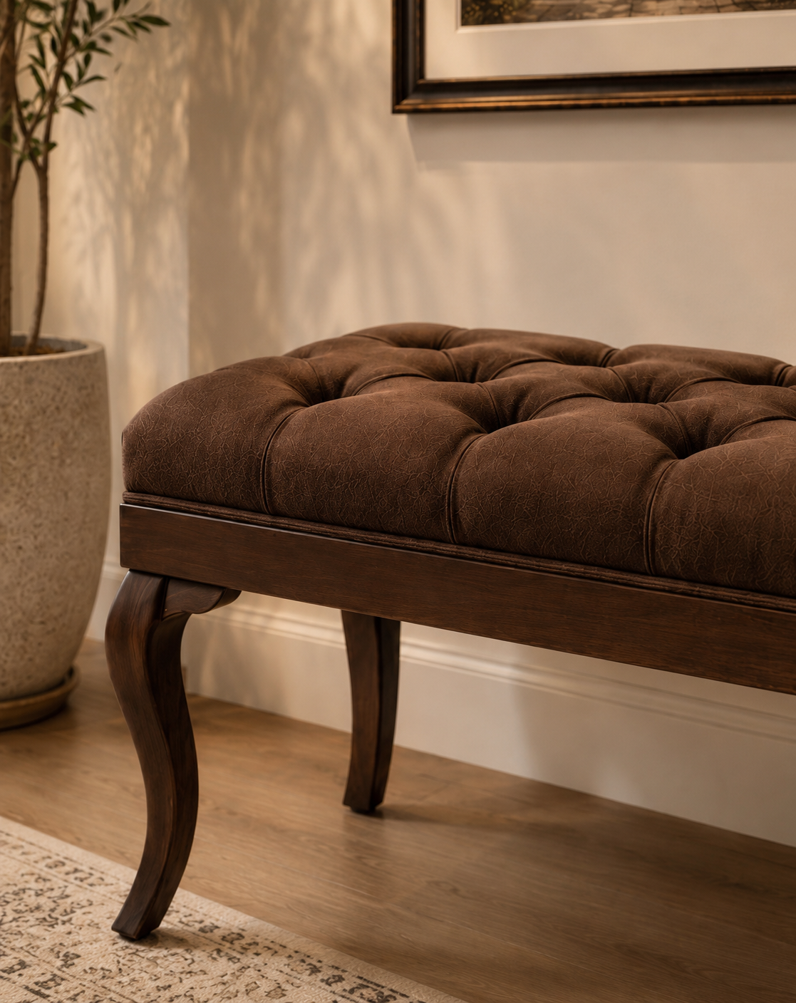 Klasik Kapitoneli Puf Bench 122x42 cm – Beyaz