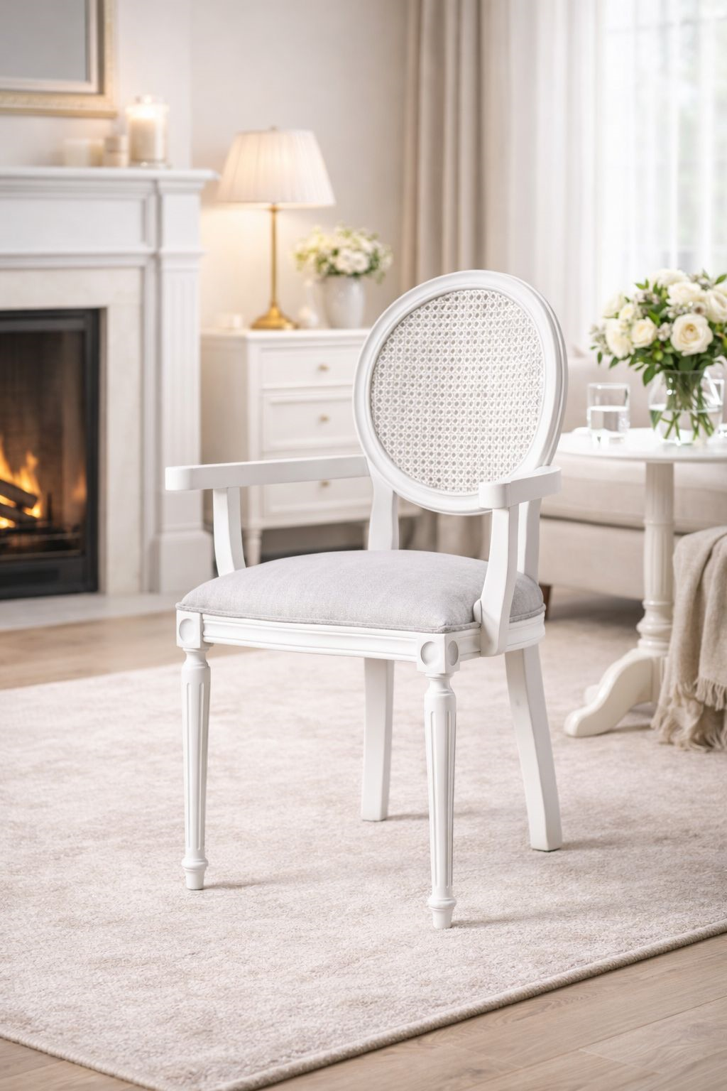 Laub  Doğal Ahşap Kayın Beyaz Renk Hazeranlı Kolçaklı Sandalye Detaylı İşçilik Modern Şık Tasarım