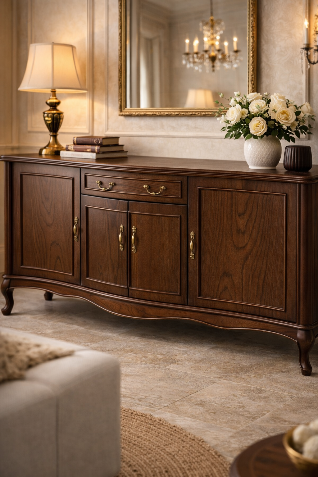 Liora Klasik Ahşap Konsol – Kapaklı ve Çekmeceli Salon Büfesi – 180 × 49 × 97 cm