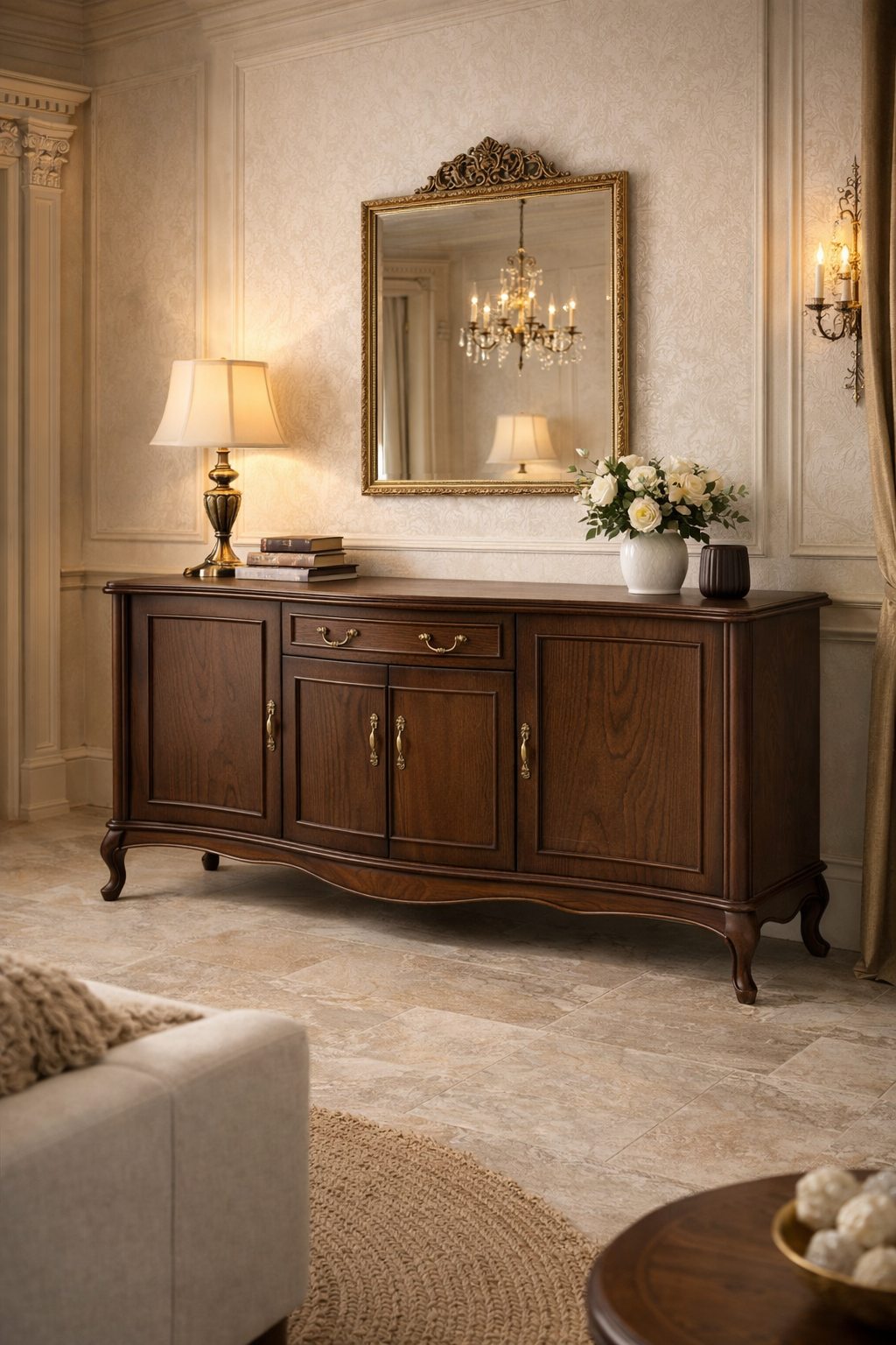 Liora Klasik Ahşap Konsol – Kapaklı ve Çekmeceli Salon Büfesi – 180 × 49 × 97 cm