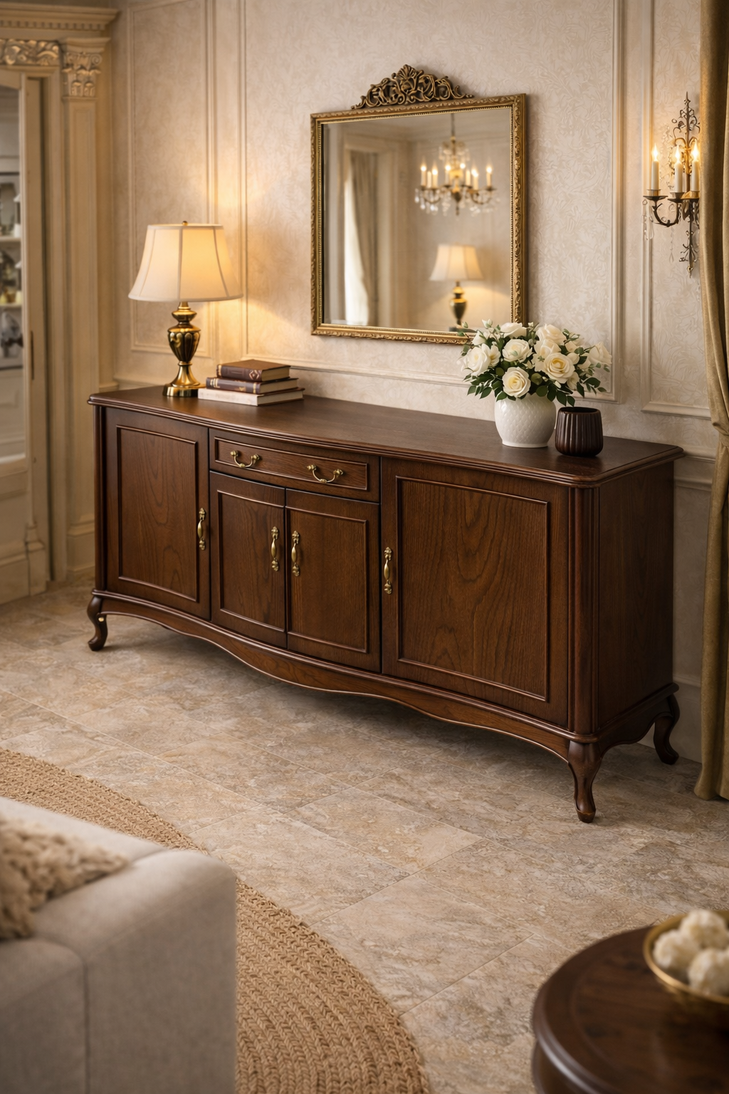 Liora Klasik Ahşap Konsol – Kapaklı ve Çekmeceli Salon Büfesi – 180 × 49 × 97 cm