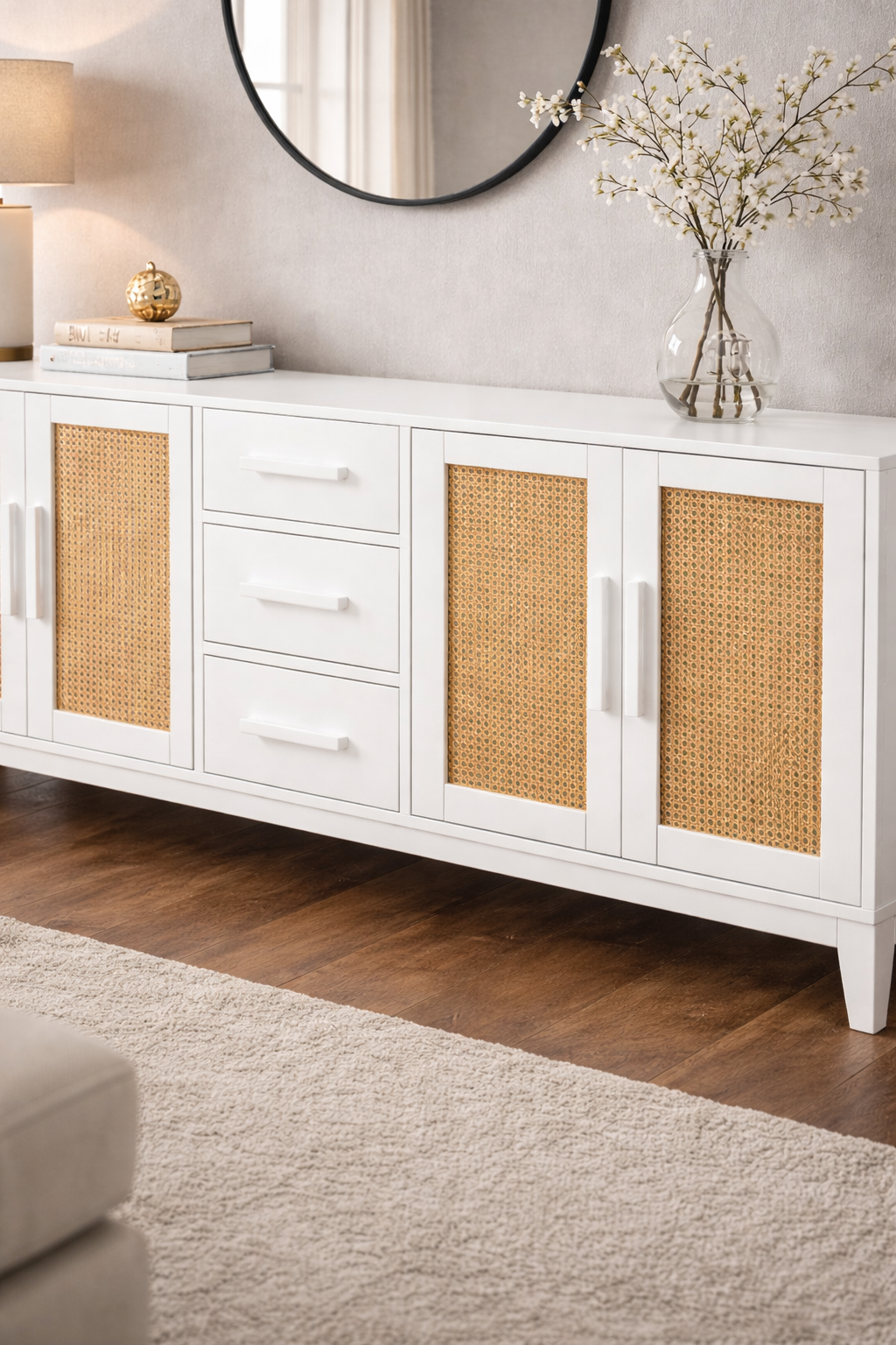 Lora Hasır Detaylı Ahşap Konsol – Çekmeceli ve Kapaklı Salon Konsolu – 200 × 43 × 80 cm