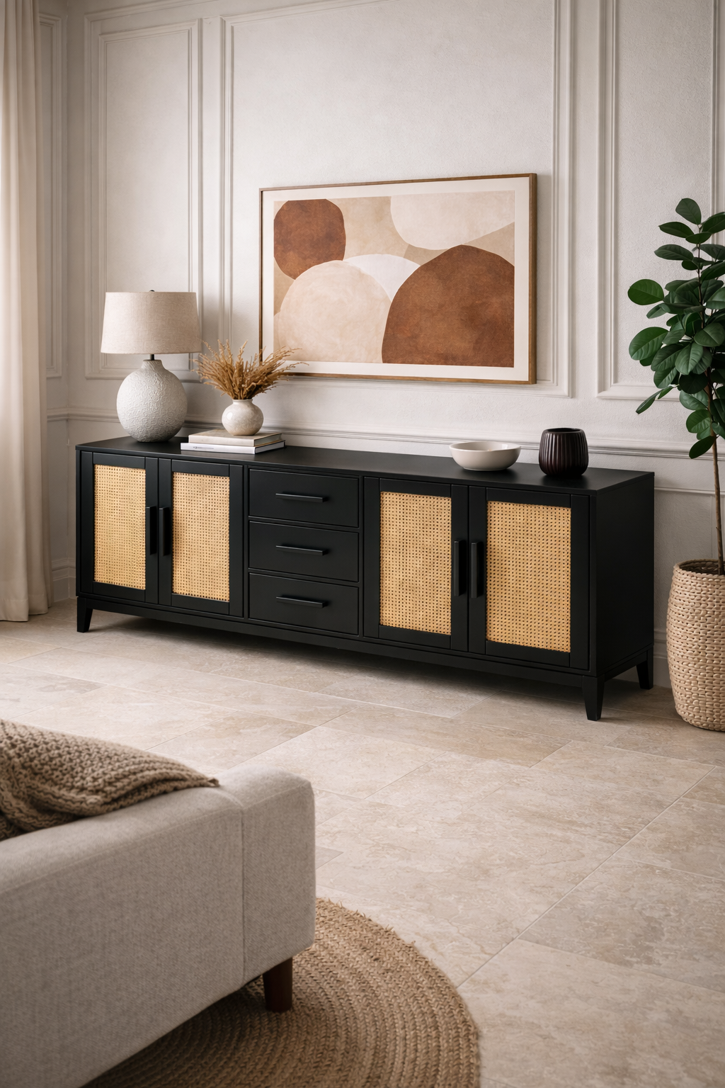 Lora Hasır Detaylı Ahşap Konsol – Çekmeceli ve Kapaklı Salon Konsolu – 200 × 43 × 80 cm