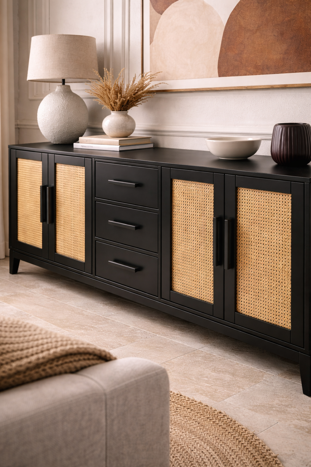 Lora Hasır Detaylı Ahşap Konsol – Çekmeceli ve Kapaklı Salon Konsolu – 200 × 43 × 80 cm