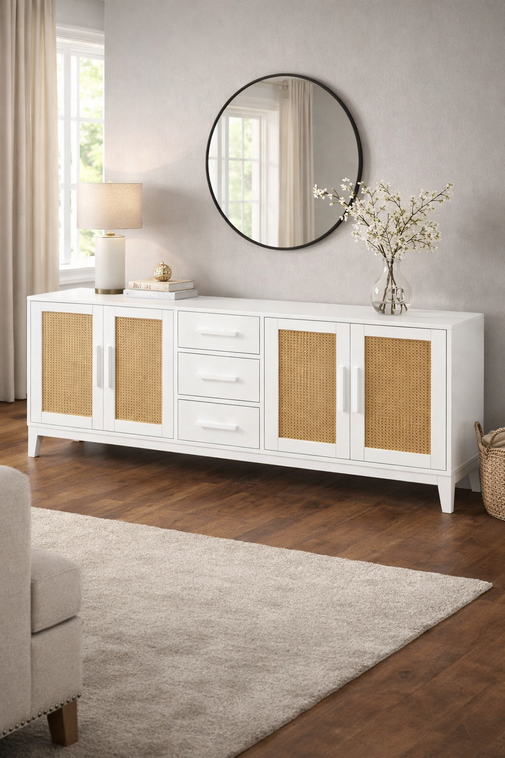 Lora Hasır Detaylı Ahşap Konsol – Çekmeceli ve Kapaklı Salon Konsolu – 200 × 43 × 80 cm