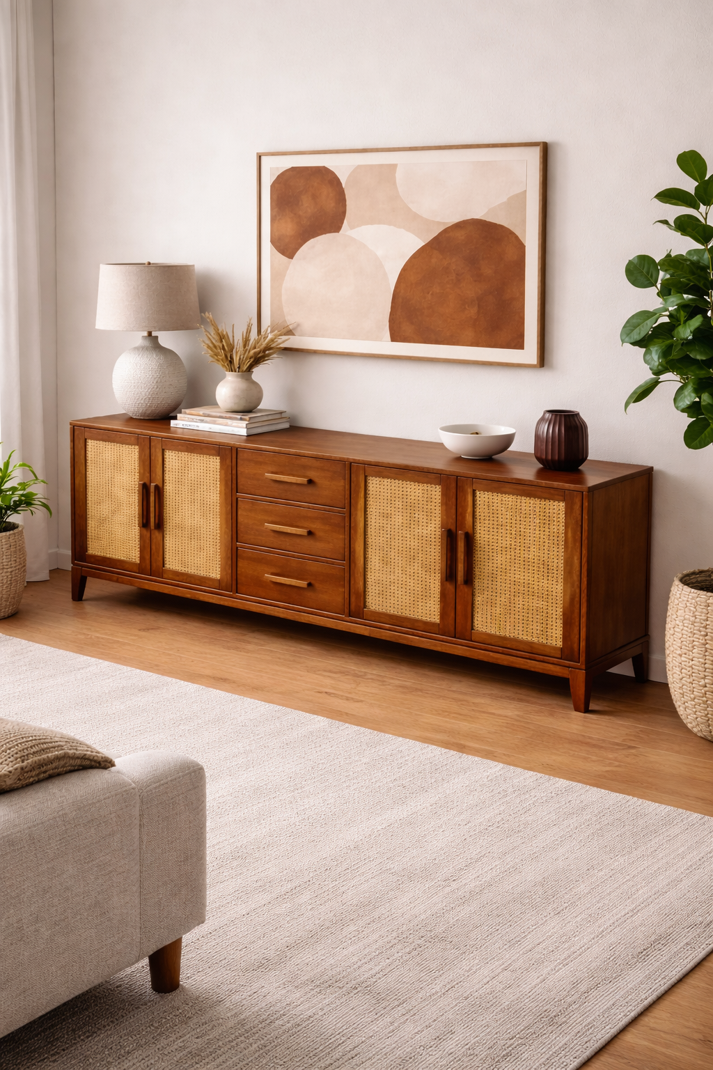 Lora Hasır Detaylı Ahşap Konsol – Çekmeceli ve Kapaklı Salon Konsolu – 200 × 43 × 80 cm