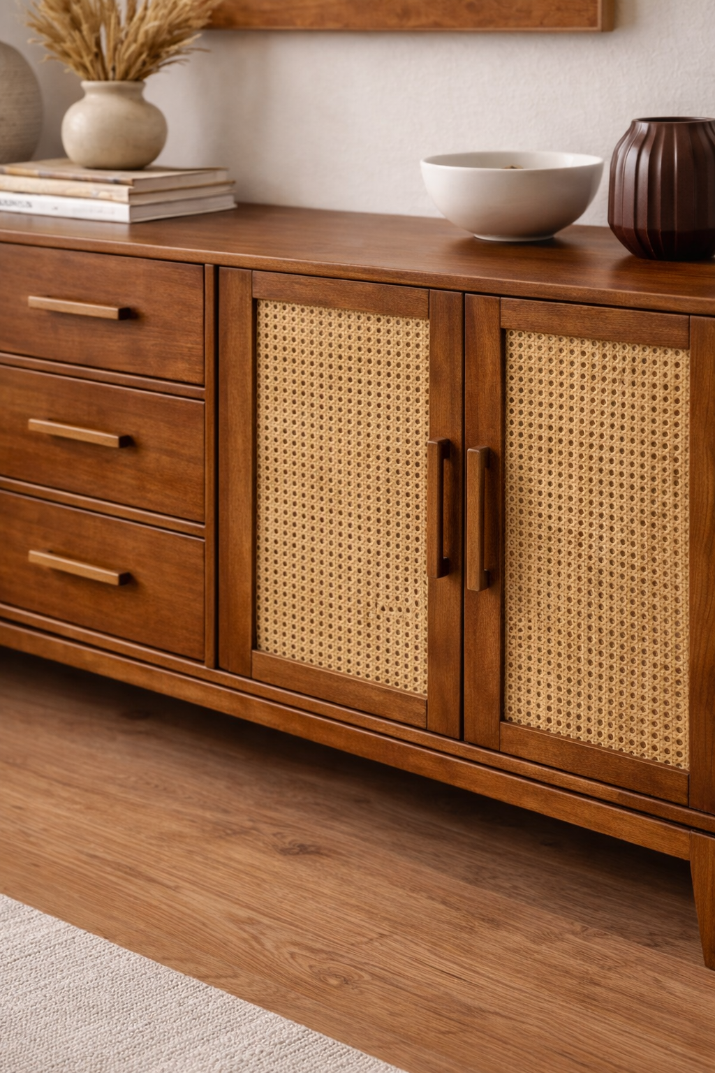 Lora Hasır Detaylı Ahşap Konsol – Çekmeceli ve Kapaklı Salon Konsolu – 200 × 43 × 80 cm