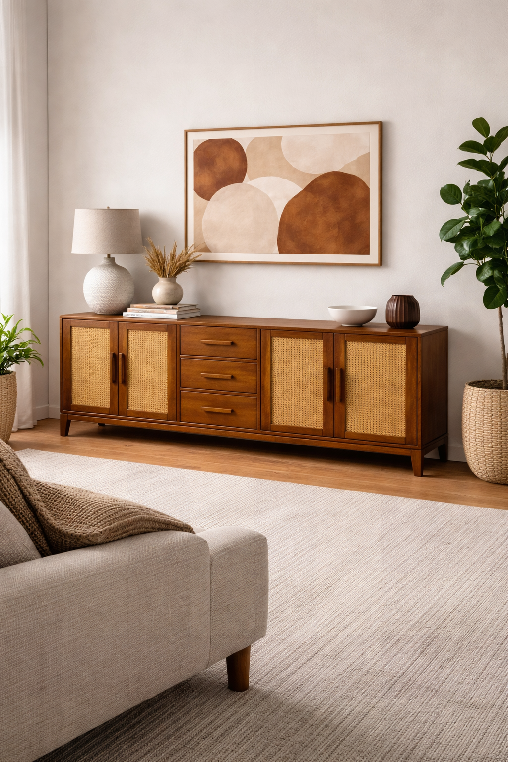 Lora Hasır Detaylı Ahşap Konsol – Çekmeceli ve Kapaklı Salon Konsolu – 200 × 43 × 80 cm