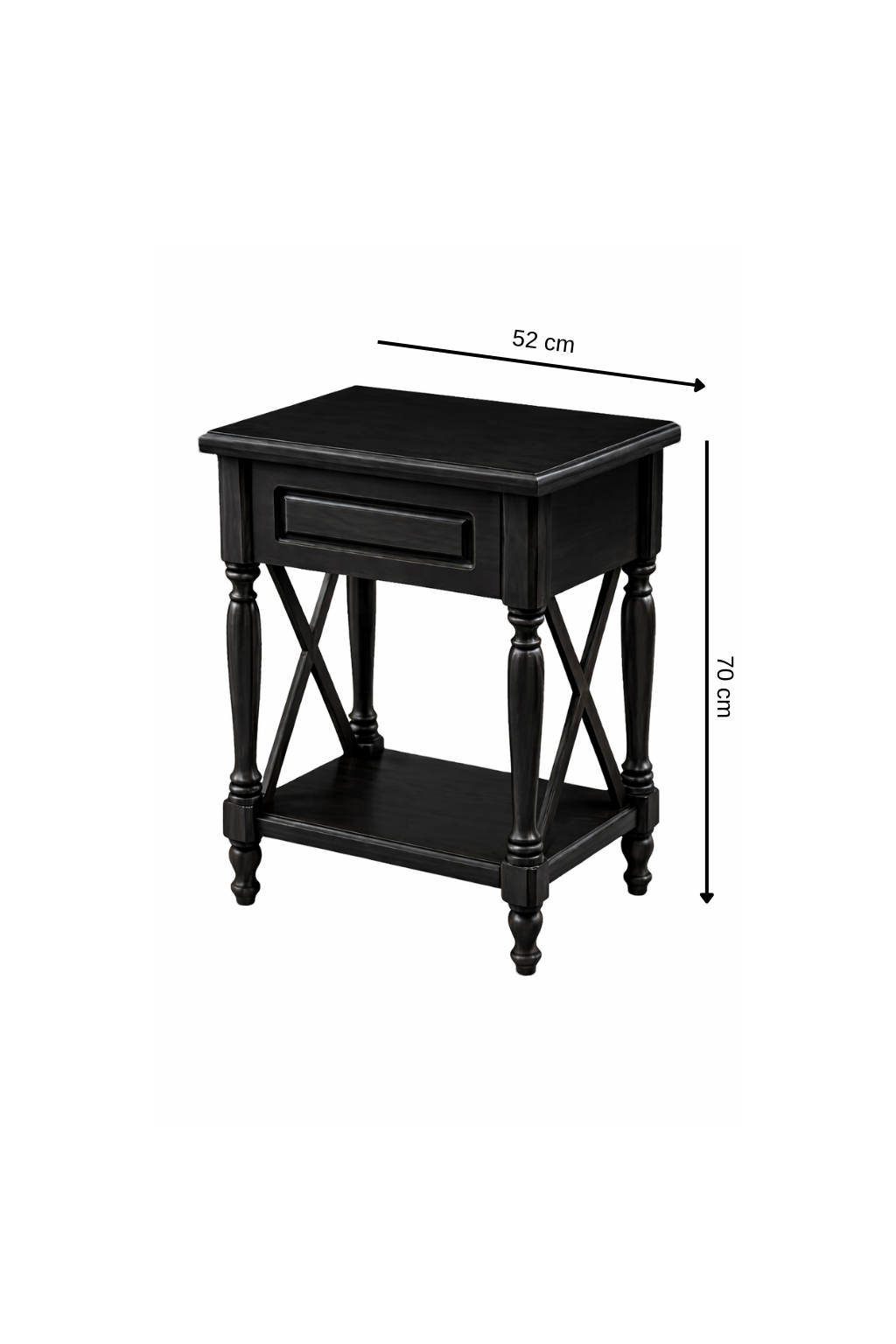 Lorenza Siyah Ahşap Yan Sehpa – Çekmeceli Klasik Komodin – Modern Dresuar Yan Sehpası 52×70 cm