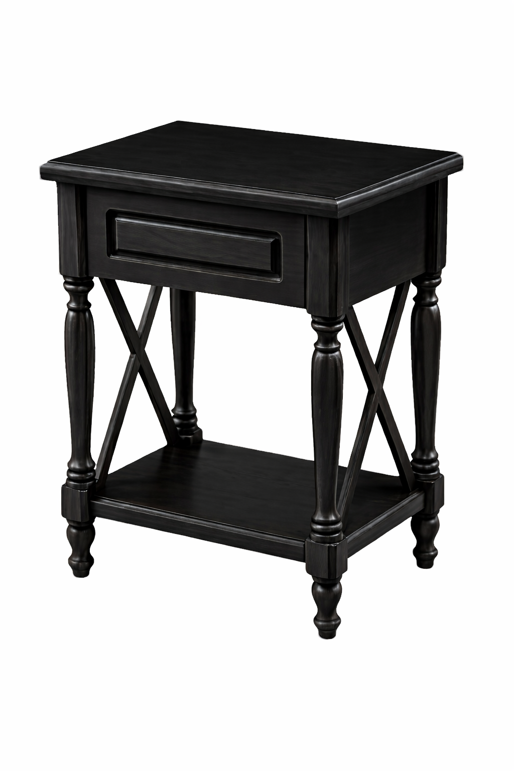 Lorenza Siyah Ahşap Yan Sehpa – Çekmeceli Klasik Komodin – Modern Dresuar Yan Sehpası 52×70 cm