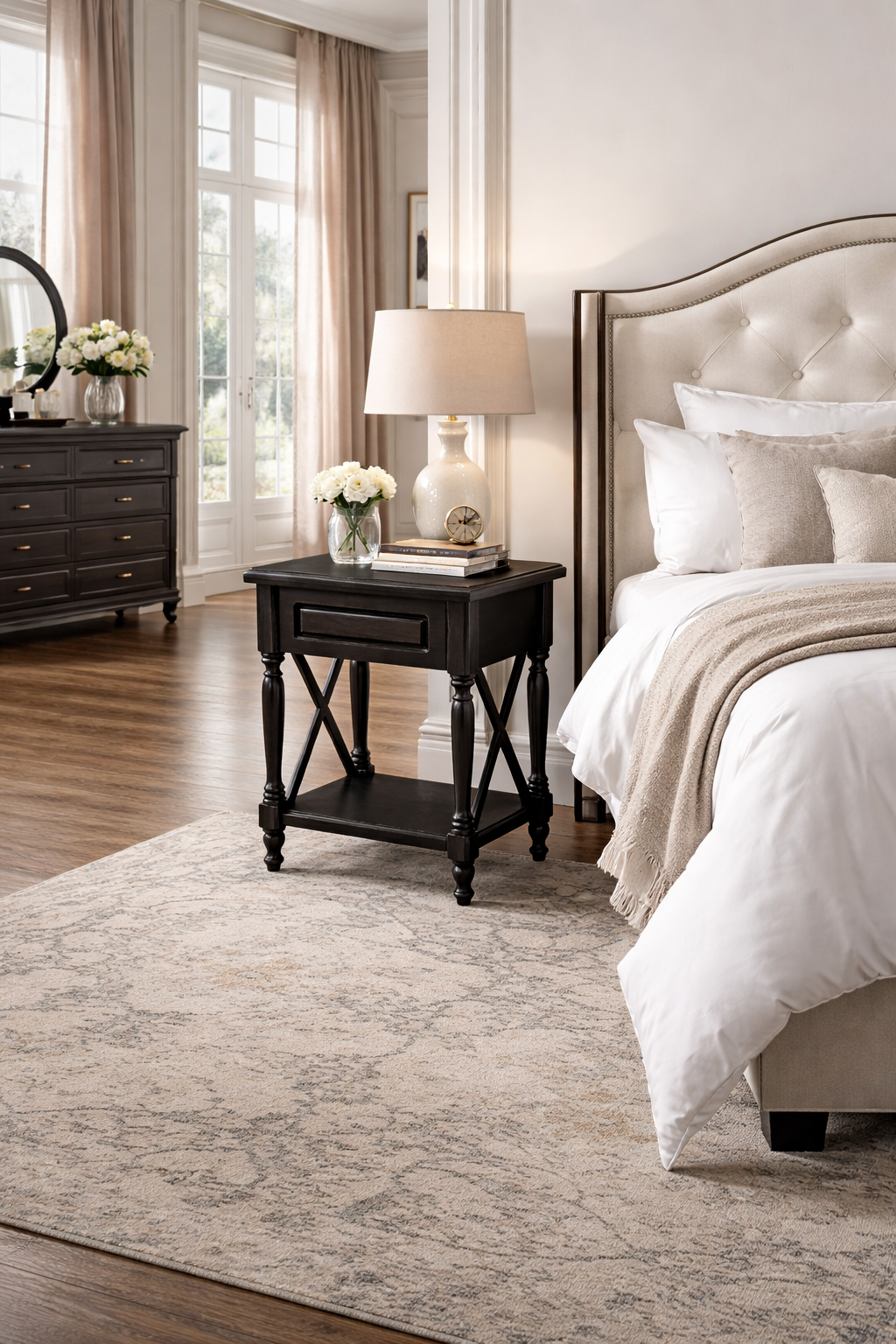 Lorenza Siyah Ahşap Yan Sehpa – Çekmeceli Klasik Komodin – Modern Dresuar Yan Sehpası 52×70 cm