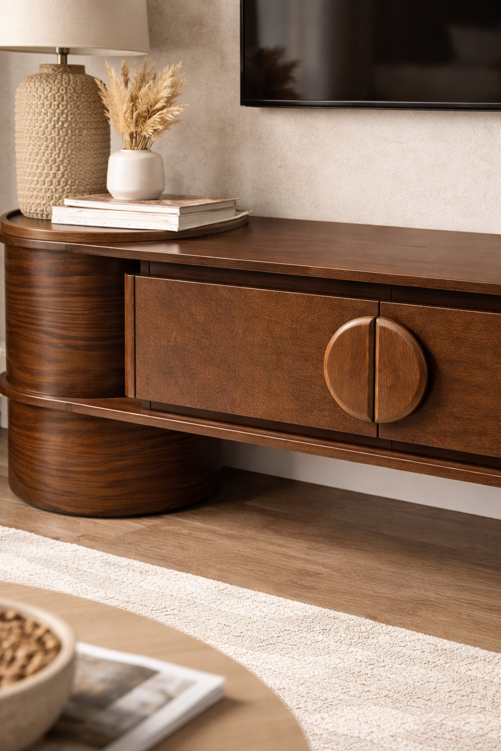 Lunaro Silindir Ayaklı Ahşap TV Ünitesi – Modern Tasarım Konsol – 200 × 45 × 58 cm