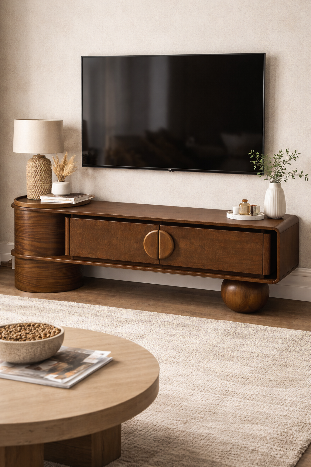 Lunaro Silindir Ayaklı Ahşap TV Ünitesi – Modern Tasarım Konsol – 200 × 45 × 58 cm