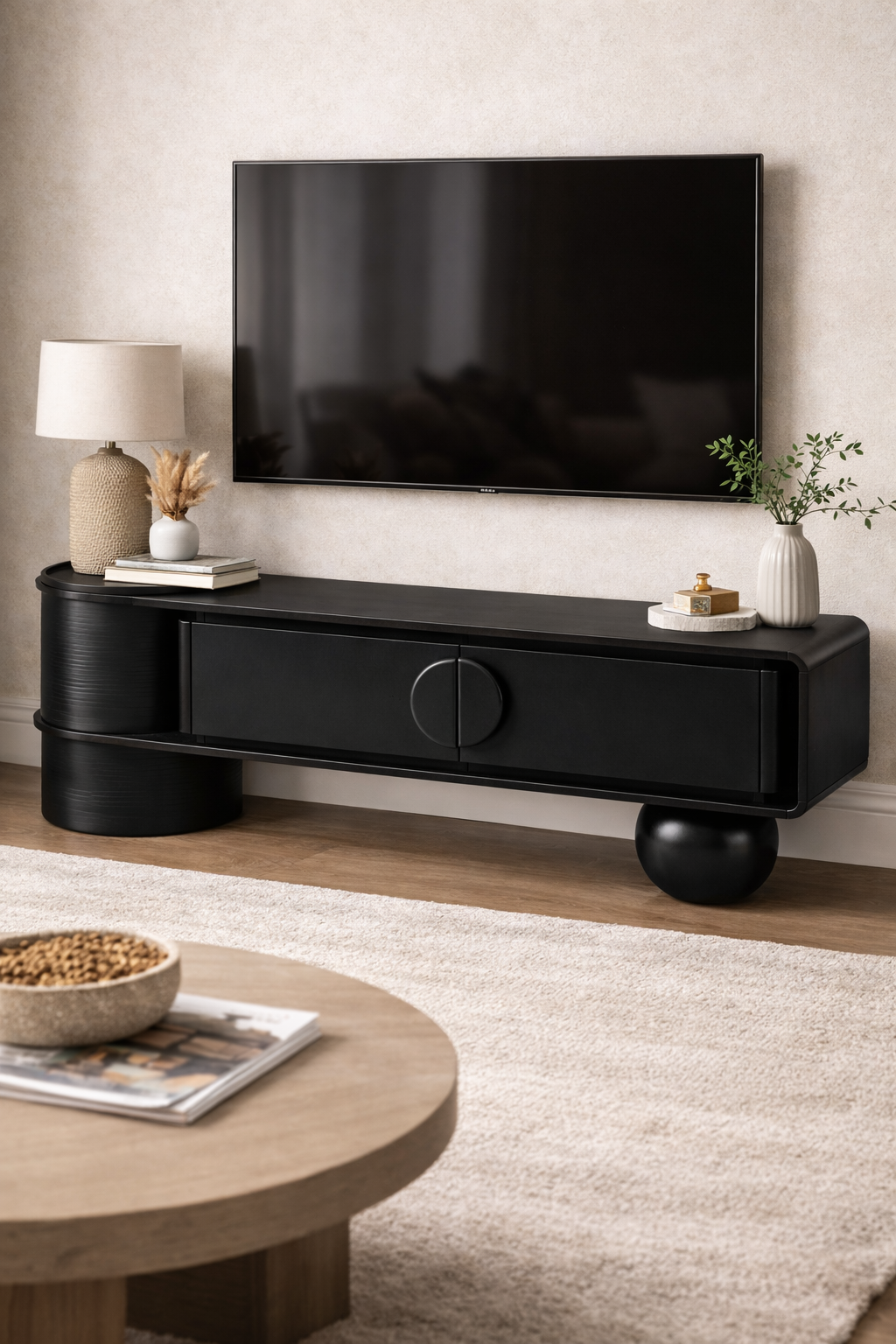 Lunaro Silindir Ayaklı Ahşap TV Ünitesi – Modern Tasarım Konsol – 200 × 45 × 58 cm