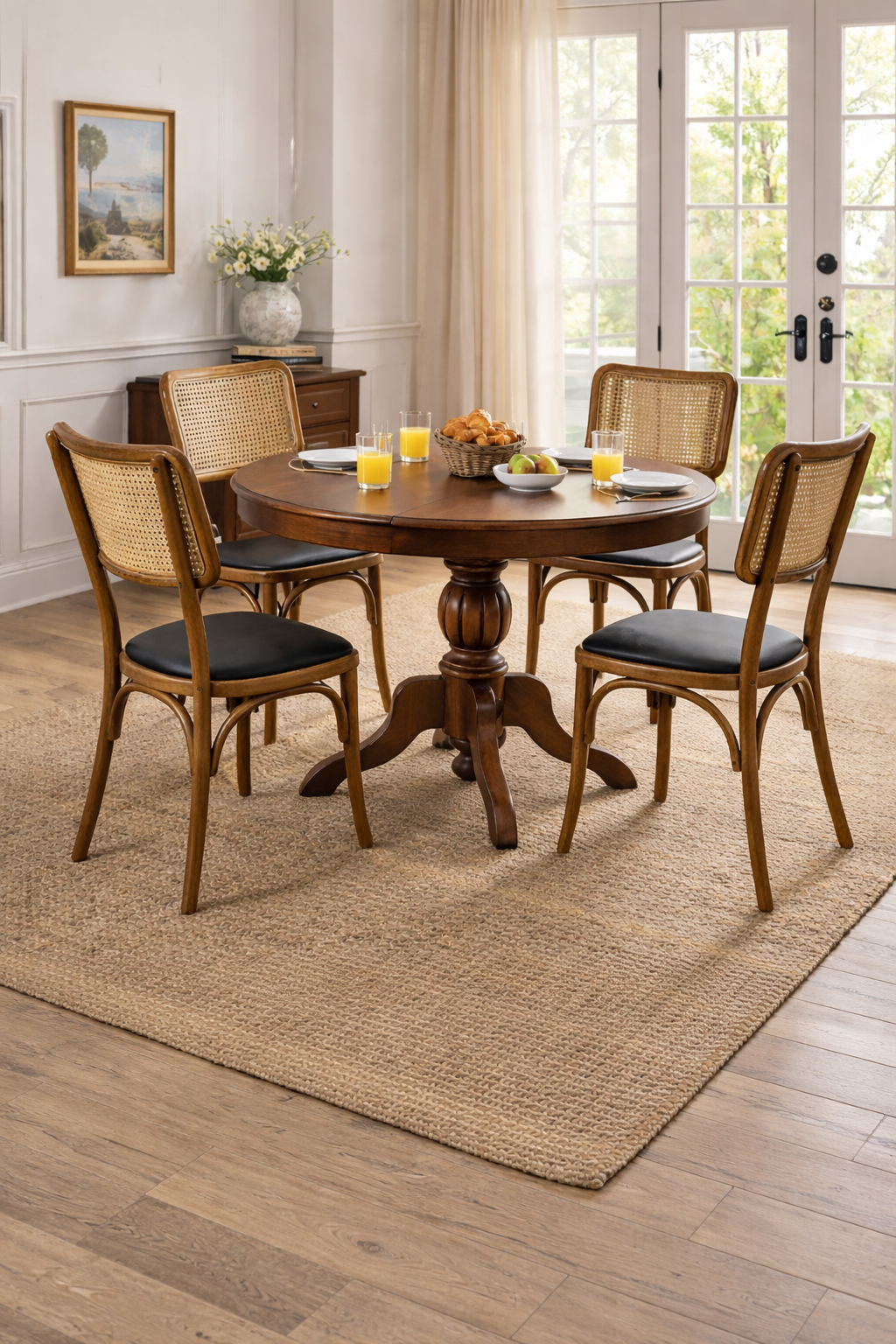 Milano Viena Yuvarlak Ahşap Masa Sandalye Takımı – 1 Masa + 4 Hasır Sandalye