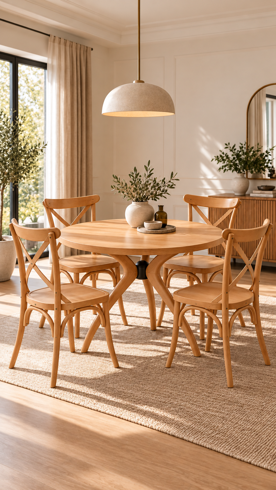Natural Ahşap Yuvarlak Yemek Masası Takımı – 4 Sandalyeli