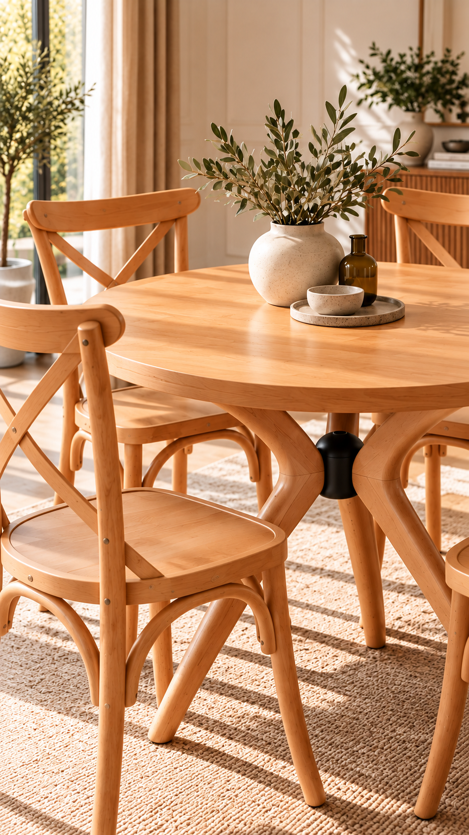 Natural Ahşap Yuvarlak Yemek Masası Takımı – 4 Sandalyeli
