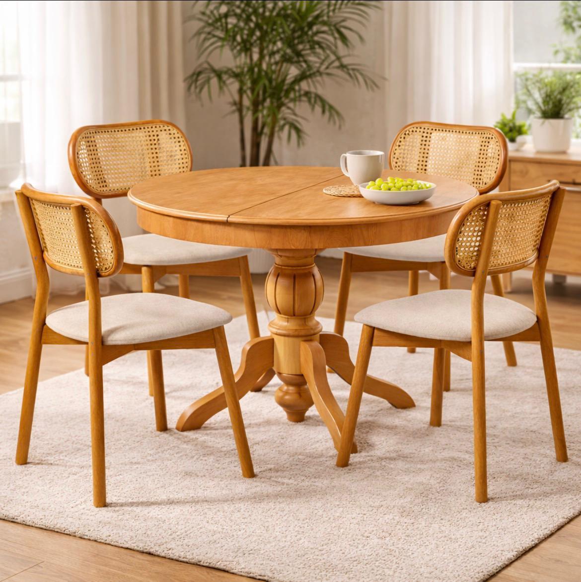 Naturel Hasır Sandalyeli Açılır Yuvarlak Yemek Masası Takımı | 1 Masa + 4 Sandalye