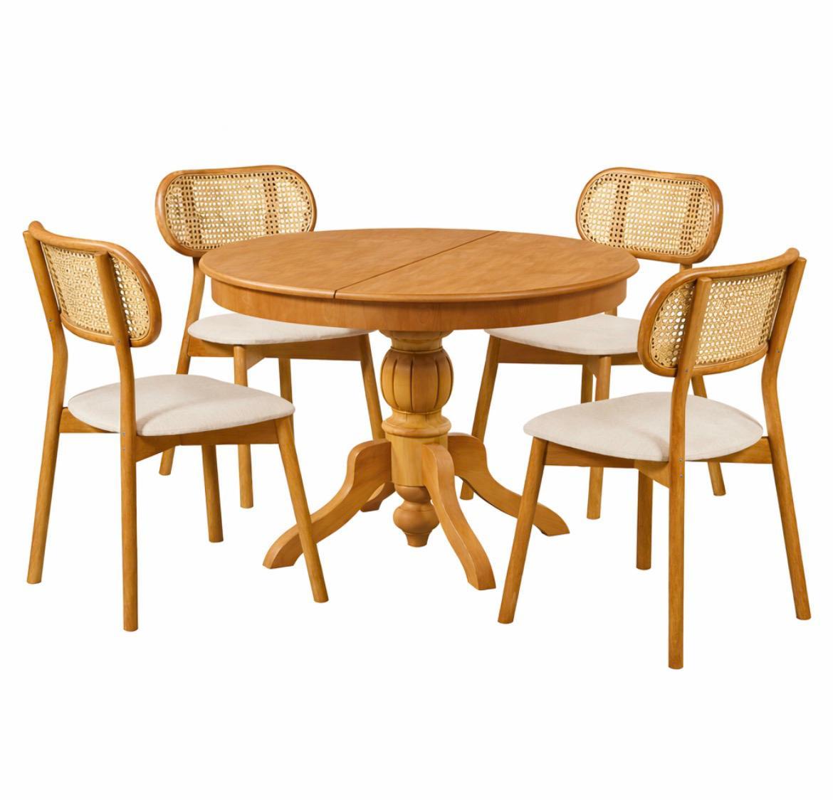Naturel Hasır Sandalyeli Açılır Yuvarlak Yemek Masası Takımı | 1 Masa + 4 Sandalye
