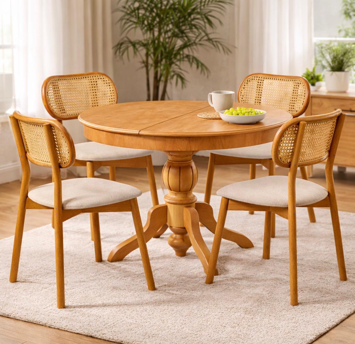 Naturel Hasır Sandalyeli Açılır Yuvarlak Yemek Masası Takımı | 1 Masa + 4 Sandalye