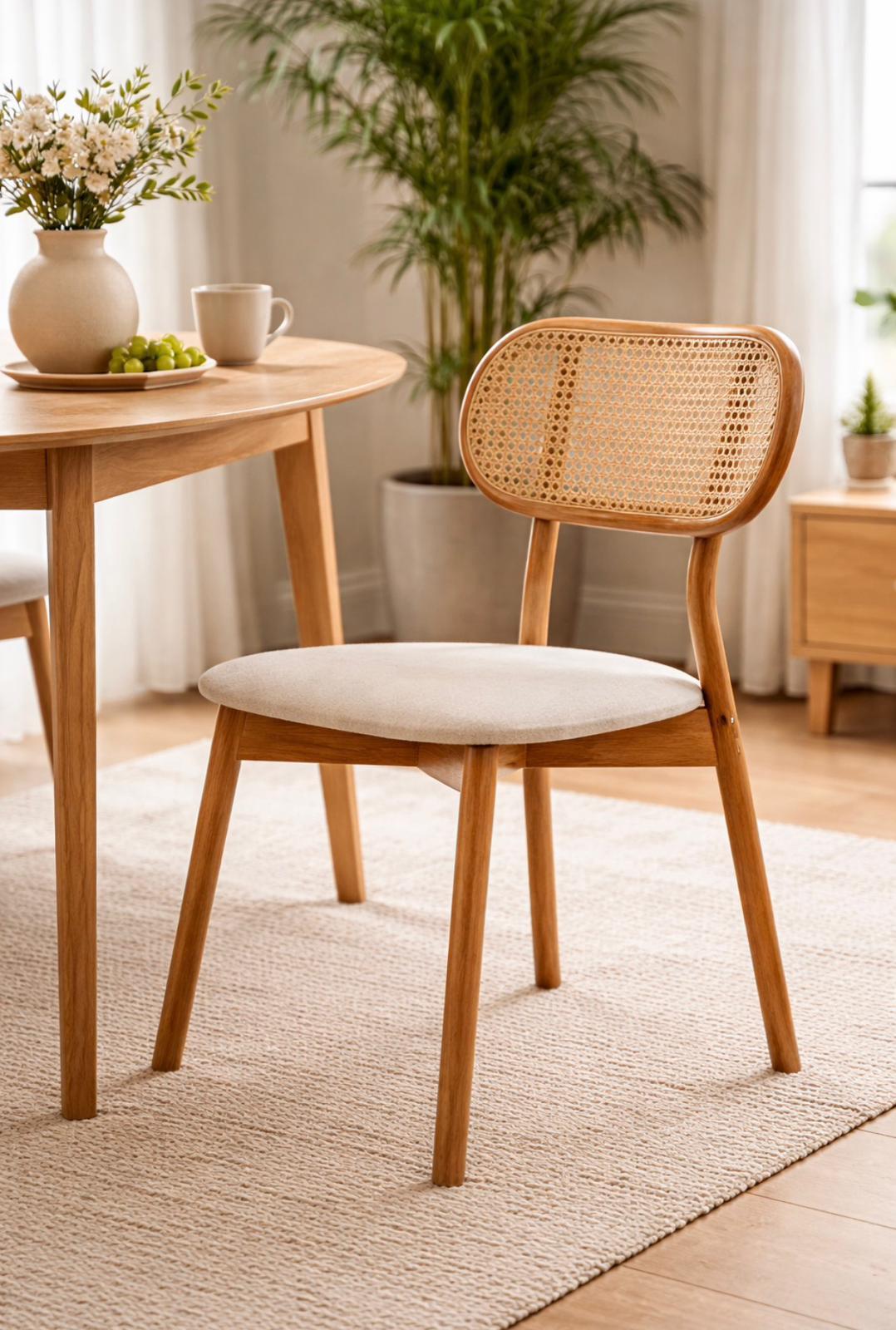 Naturel Hasır Sırtlı Ahşap Sandalye | Kayın Ayaklı – Döşemeli