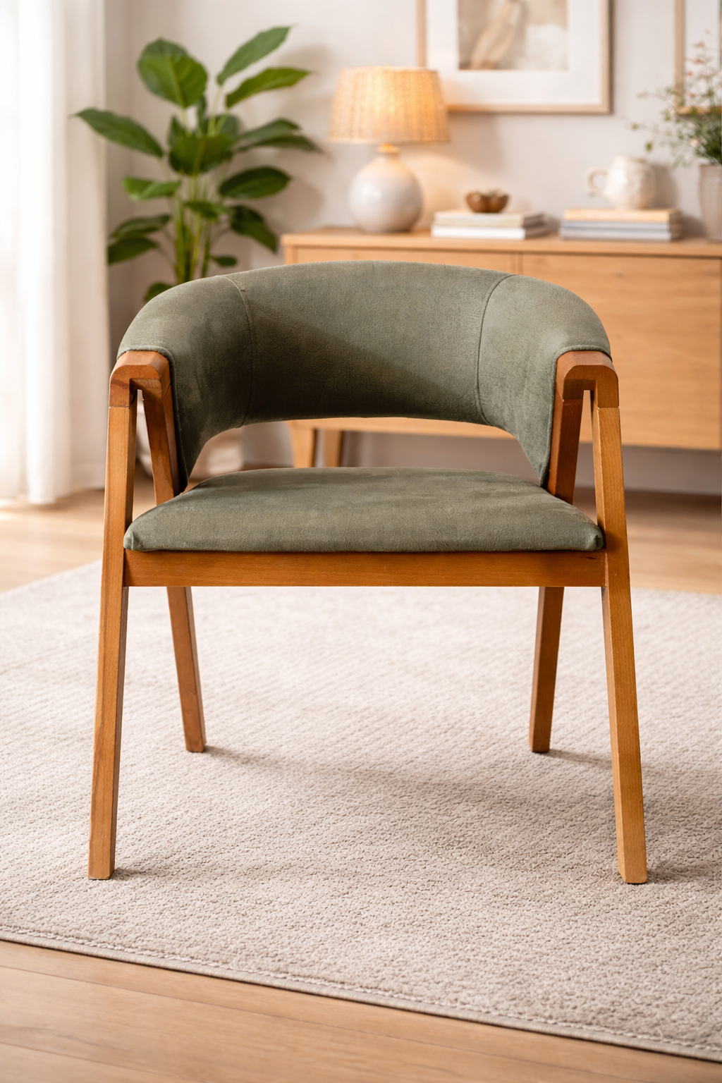 Nebat Doğal Kayın Ahşap Naturen Renk Haki Döşemeli Sandalye Detaylı İşçilik Modern Şık Tasarım