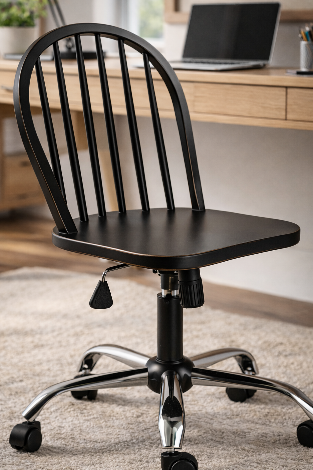 Neige Doğal Ahşap Siyah Renk Eskitme Döner Çalışma Sandalyesi 45x47x100 Cm - Modern & Şık Tasarım