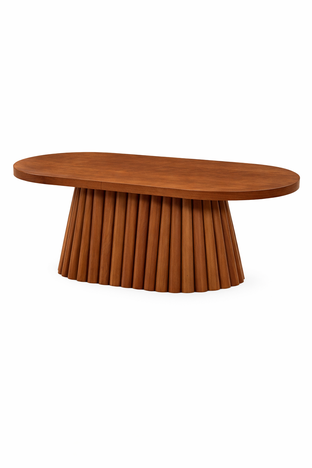 Oval Ahşap Orta Sehpa – Yivli Gövdeli Modern Salon Sehpası – 130 cm