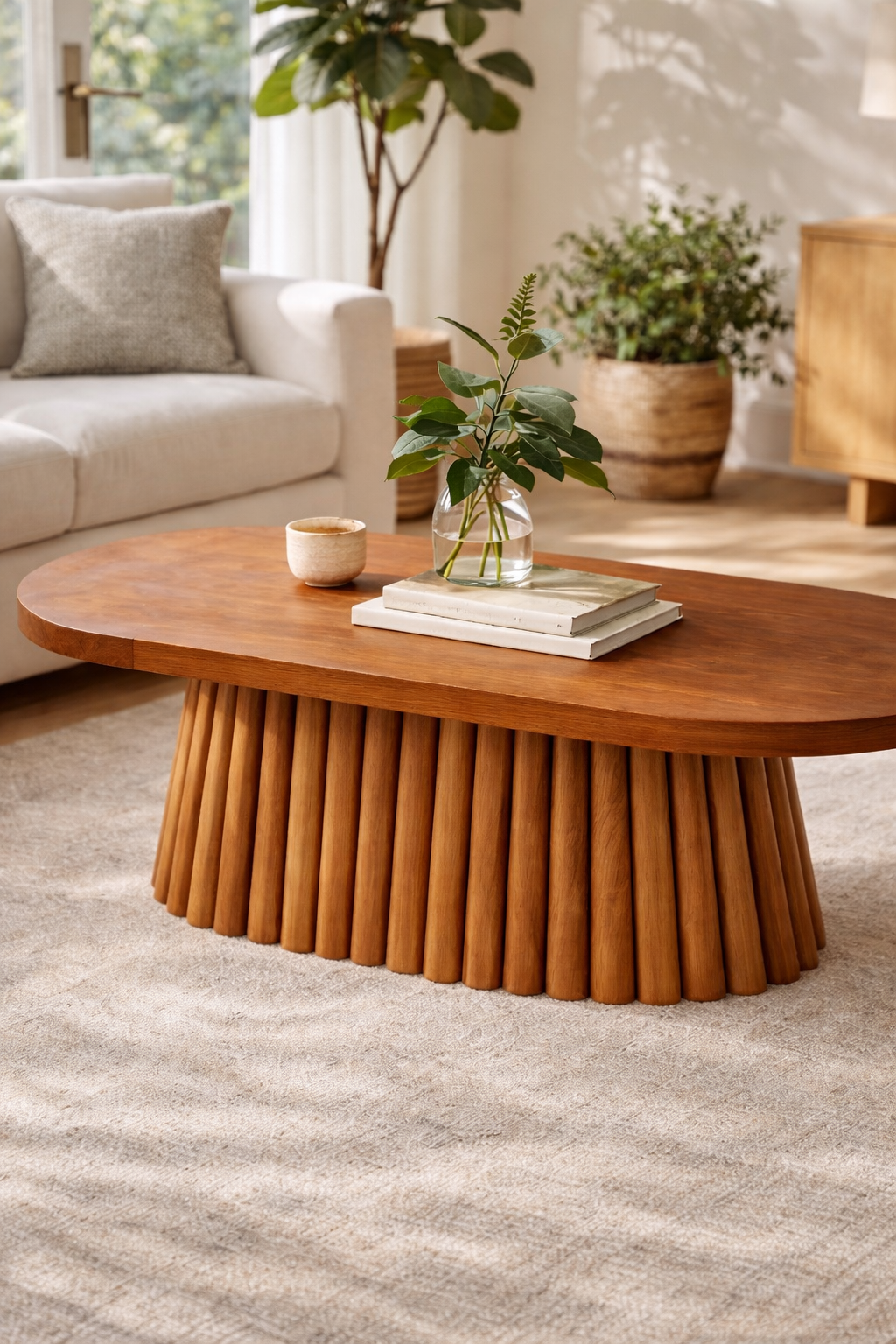 Oval Ahşap Orta Sehpa – Yivli Gövdeli Modern Salon Sehpası – 130 cm
