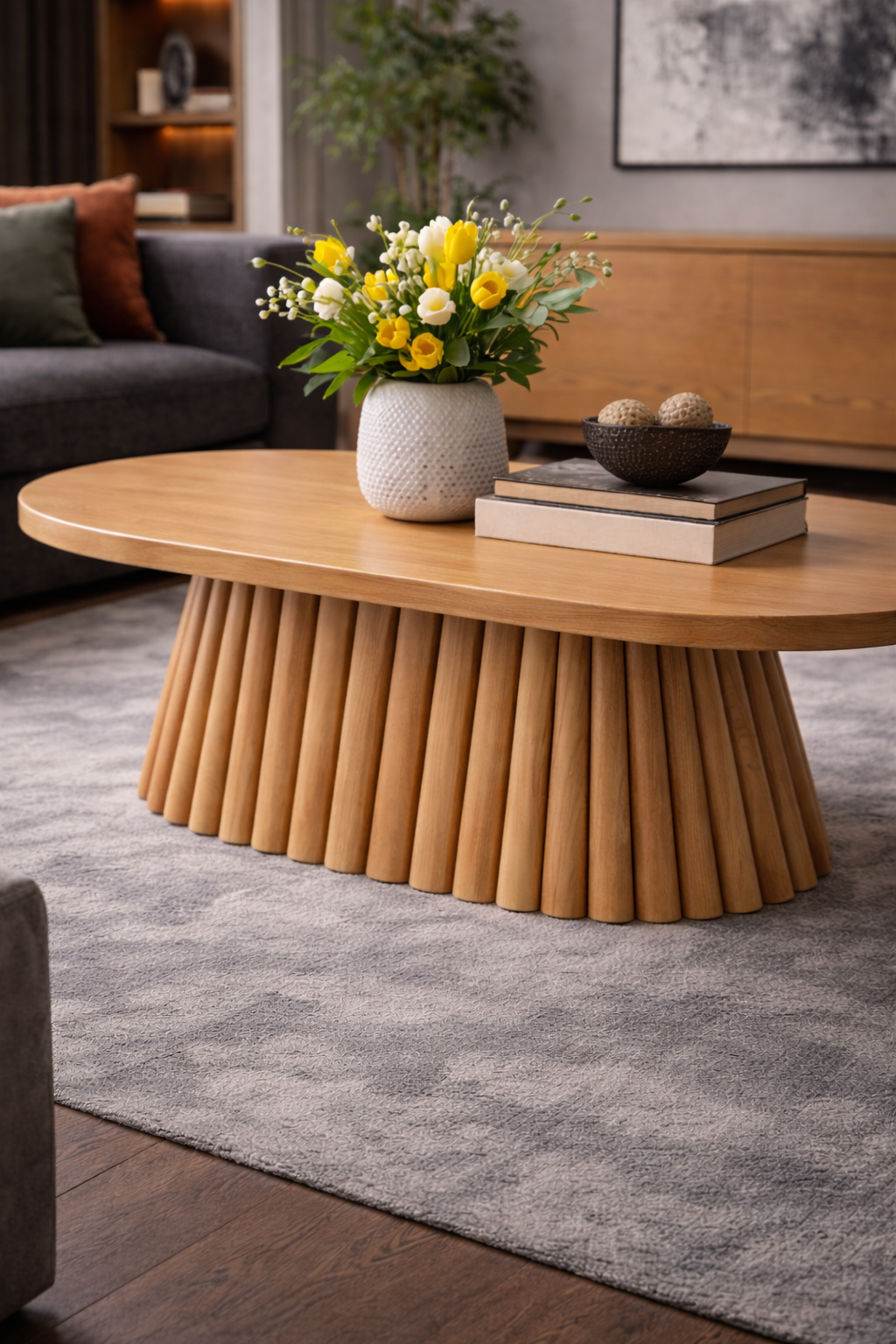 Oval Ahşap Orta Sehpa – Yivli Gövdeli Modern Salon Sehpası – 130 cm