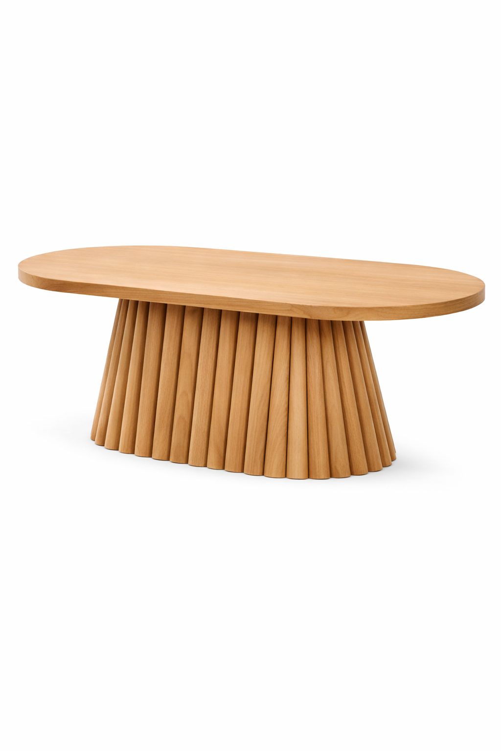 Oval Ahşap Orta Sehpa – Yivli Gövdeli Modern Salon Sehpası – 130 cm
