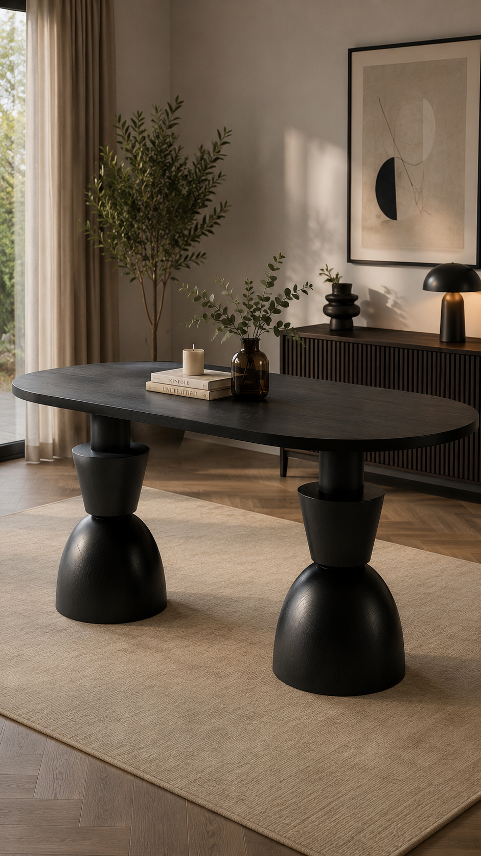 Oval Ahşap Yemek Masası 160x90 cm – Masif Tornalı Ayaklı Modern Tasarım