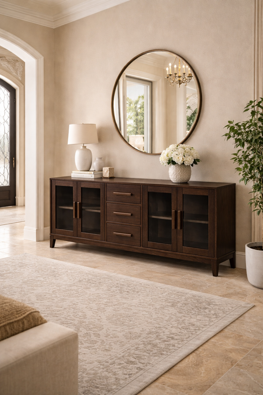 Prestij Serisi Cam Kapaklı Ahşap Konsol – Geniş Depolama Alanlı Modern Salon Konsolu – 200 × 43 × 80 cm