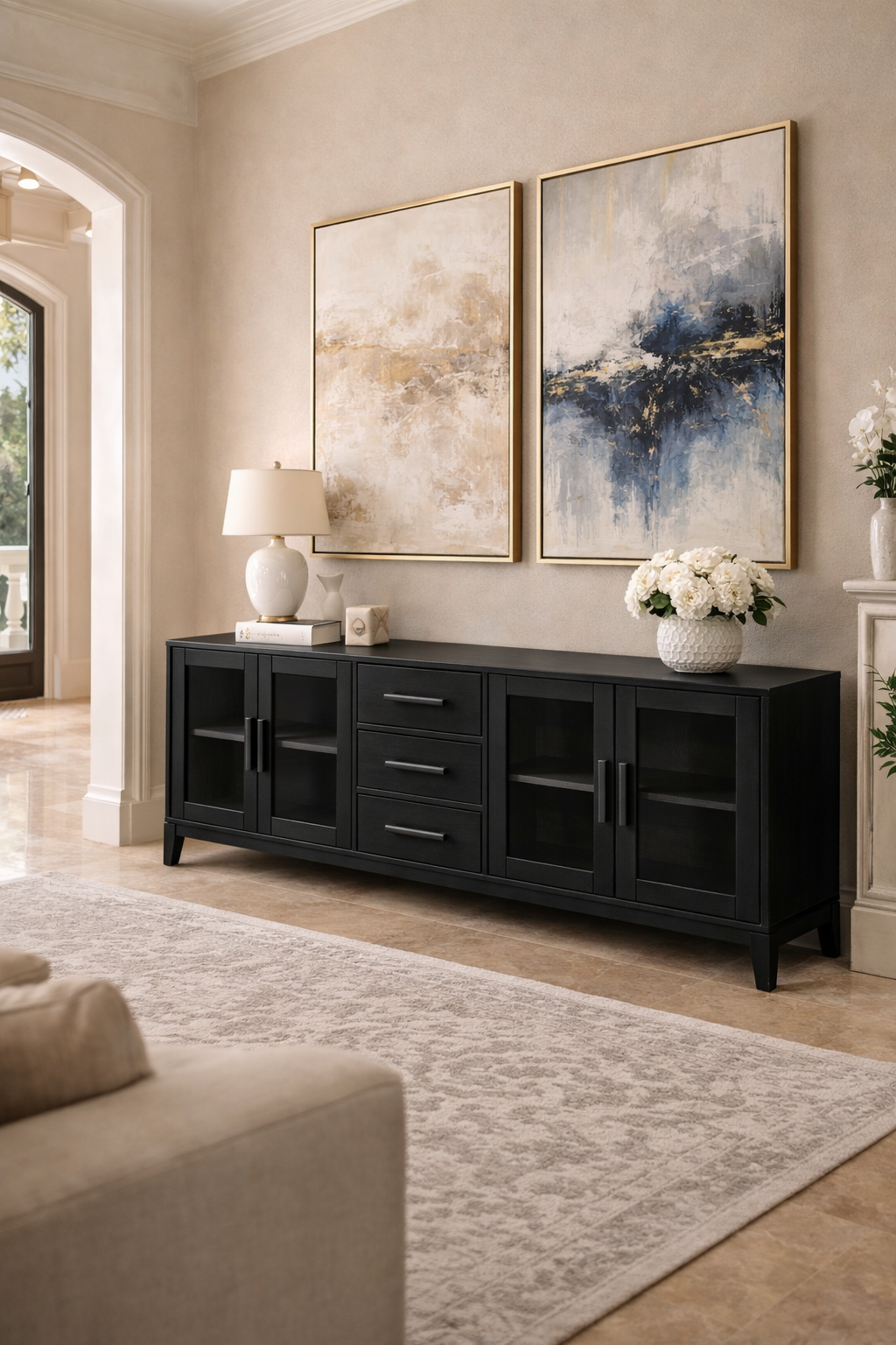 Prestij Serisi Cam Kapaklı Ahşap Konsol – Geniş Depolama Alanlı Modern Salon Konsolu – 200 × 43 × 80 cm