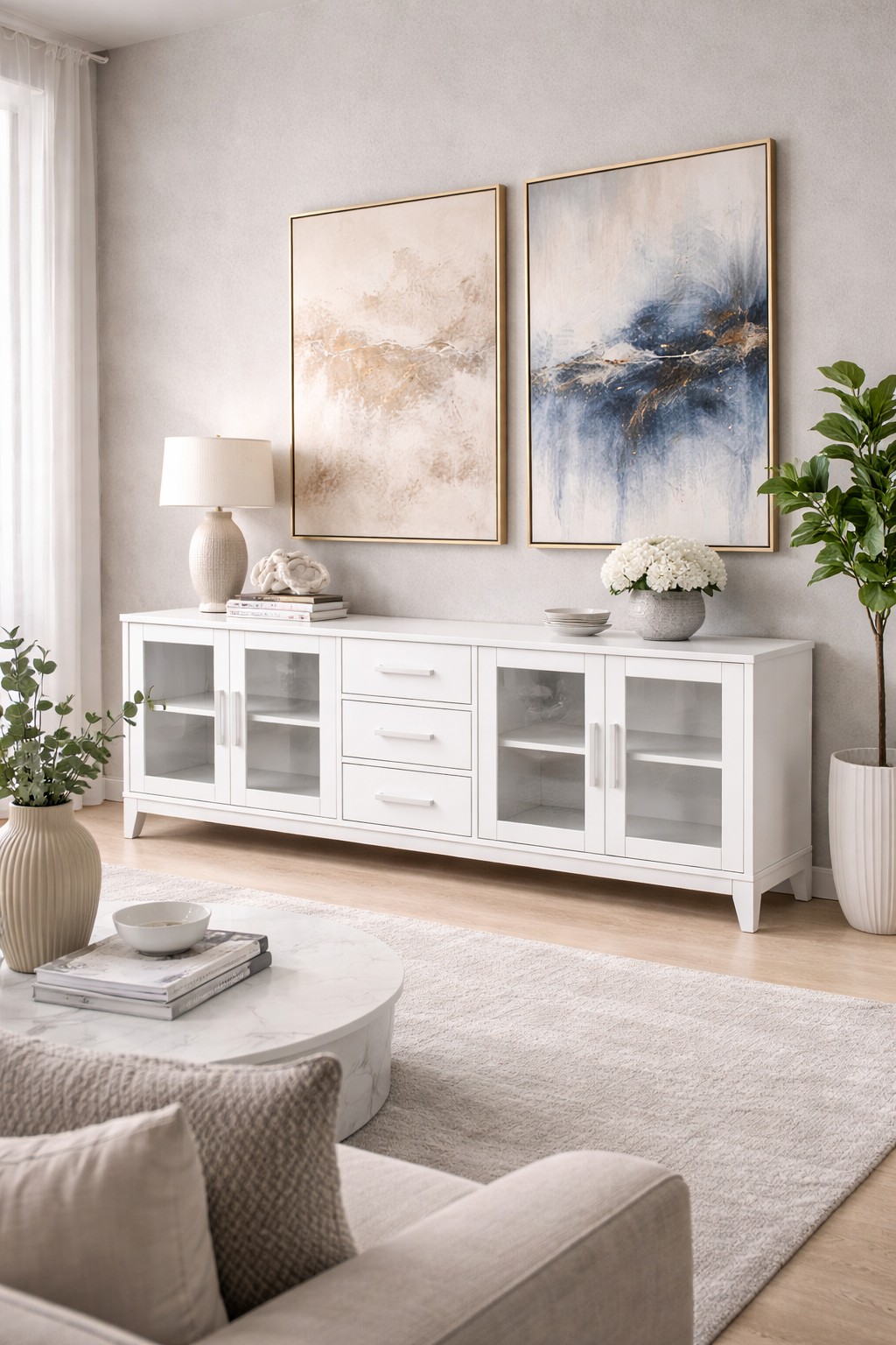 Prestij Serisi Cam Kapaklı Ahşap Konsol – Geniş Depolama Alanlı Modern Salon Konsolu – 200 × 43 × 80 cm