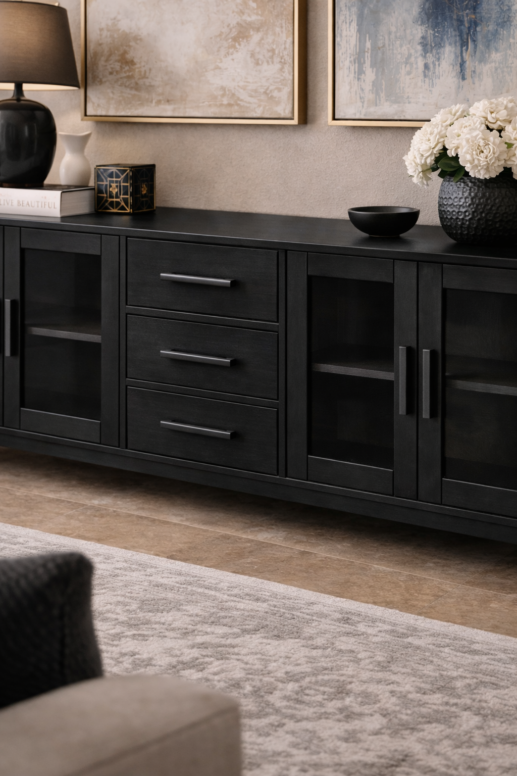 Prestij Serisi Cam Kapaklı Ahşap Konsol – Geniş Depolama Alanlı Modern Salon Konsolu – 200 × 43 × 80 cm