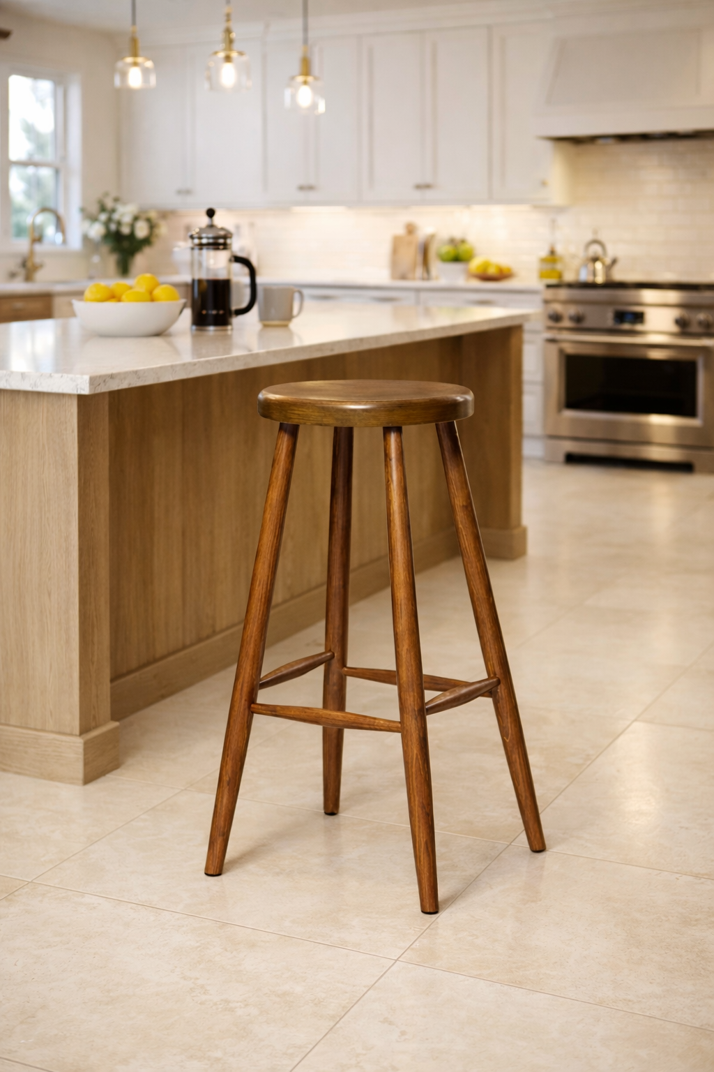 Primula Doğal Ahşap Ceviz Bar Tabure Sandalye El İşçiliği Klasik Tarz