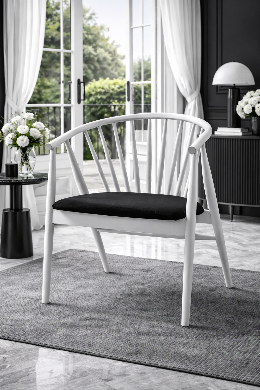 Rizoma Natural Ahşap Beyaz Renk Kayın Sandalye Siyah Döşemeli Detaylı İşçilik Modern Şık Tasarım