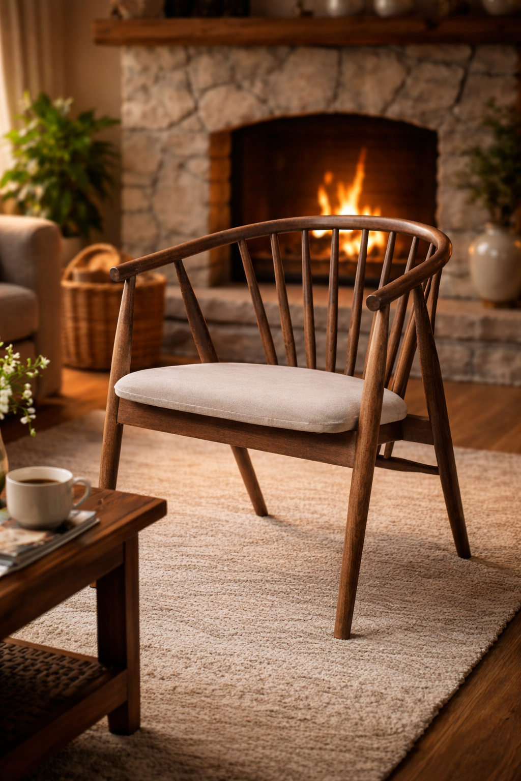 Rizoma Natural Ahşap Ceviz Renk Kayın Sandalye Krem Döşemeli Detaylı İşçilik Modern Şık Tasarım