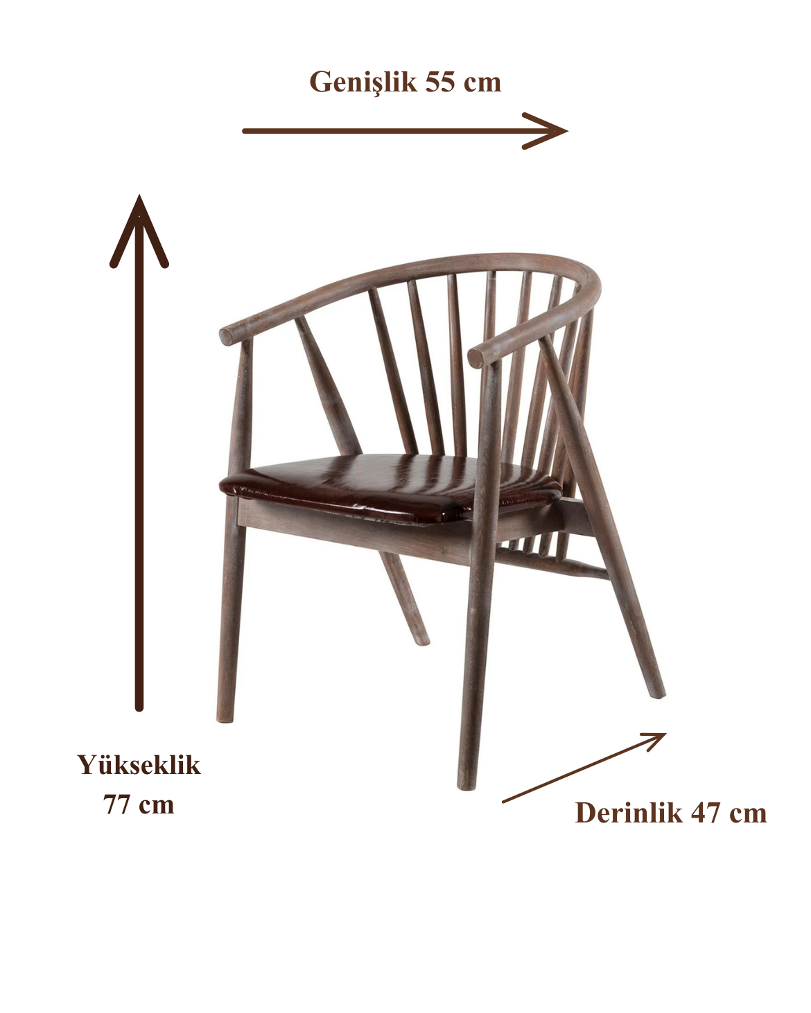 Rizoma Natural Ahşap Masif Eskitme Kayın Sandalye Kahverengi Deri Döşemeli Detaylı İşçilik Modern Şık Tasarım
