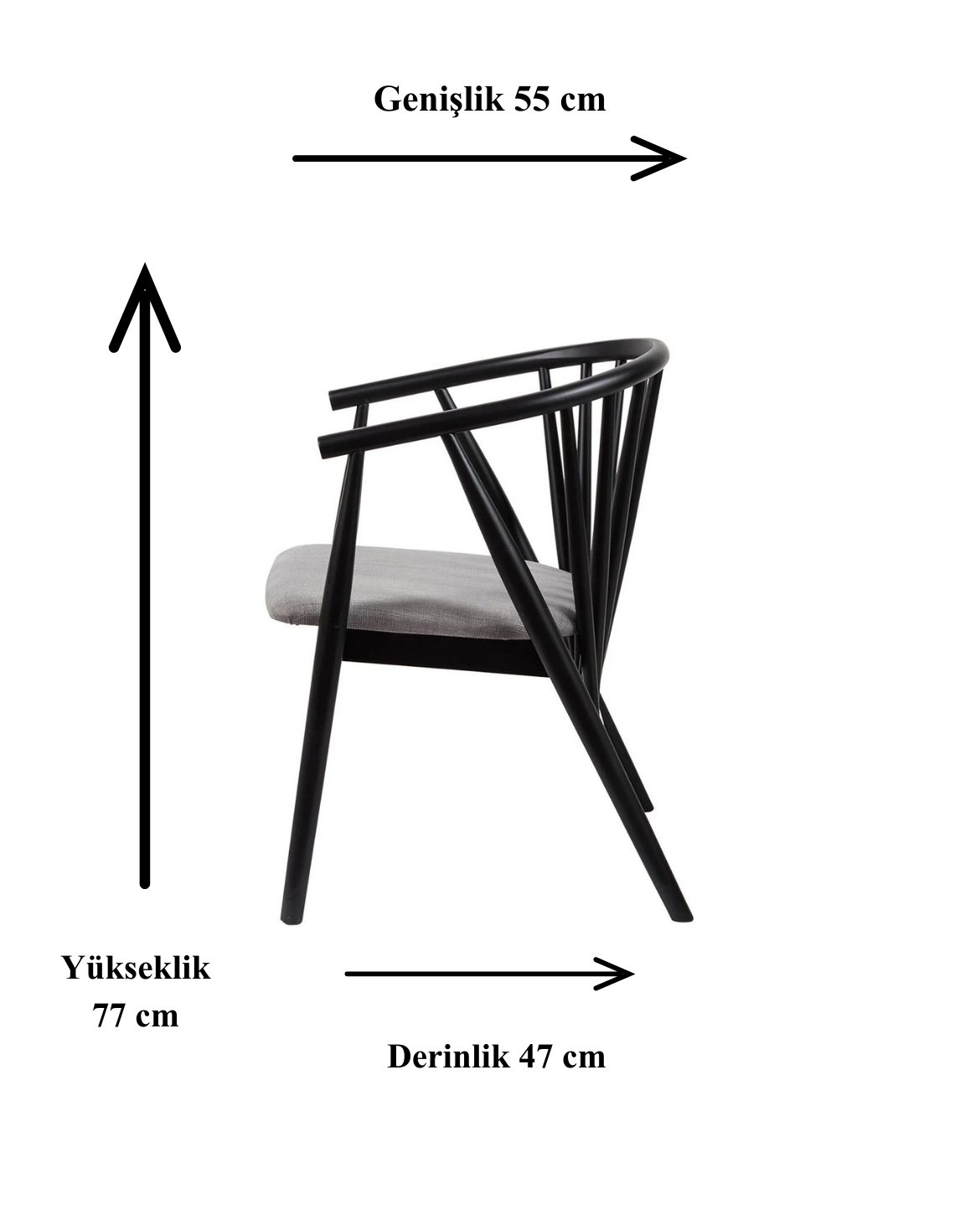 Rizoma Natural Ahşap Siyah Renk Kayın Sandalye Gri Döşemeli Detaylı İşçilik Modern Şık Tasarım