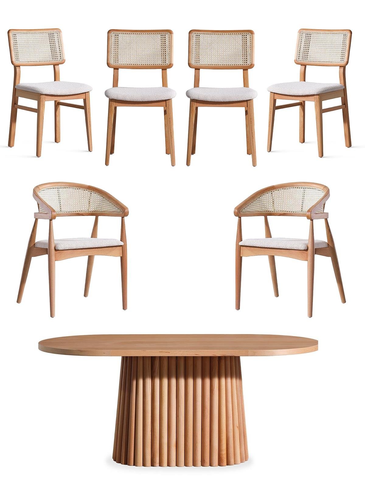 Venessa Ahşap Naturel Oval Masa Takımı 160x90 Cm - 6 Adet Doğal Hazerenlı Sandalye Rustik Şık Tasarım
