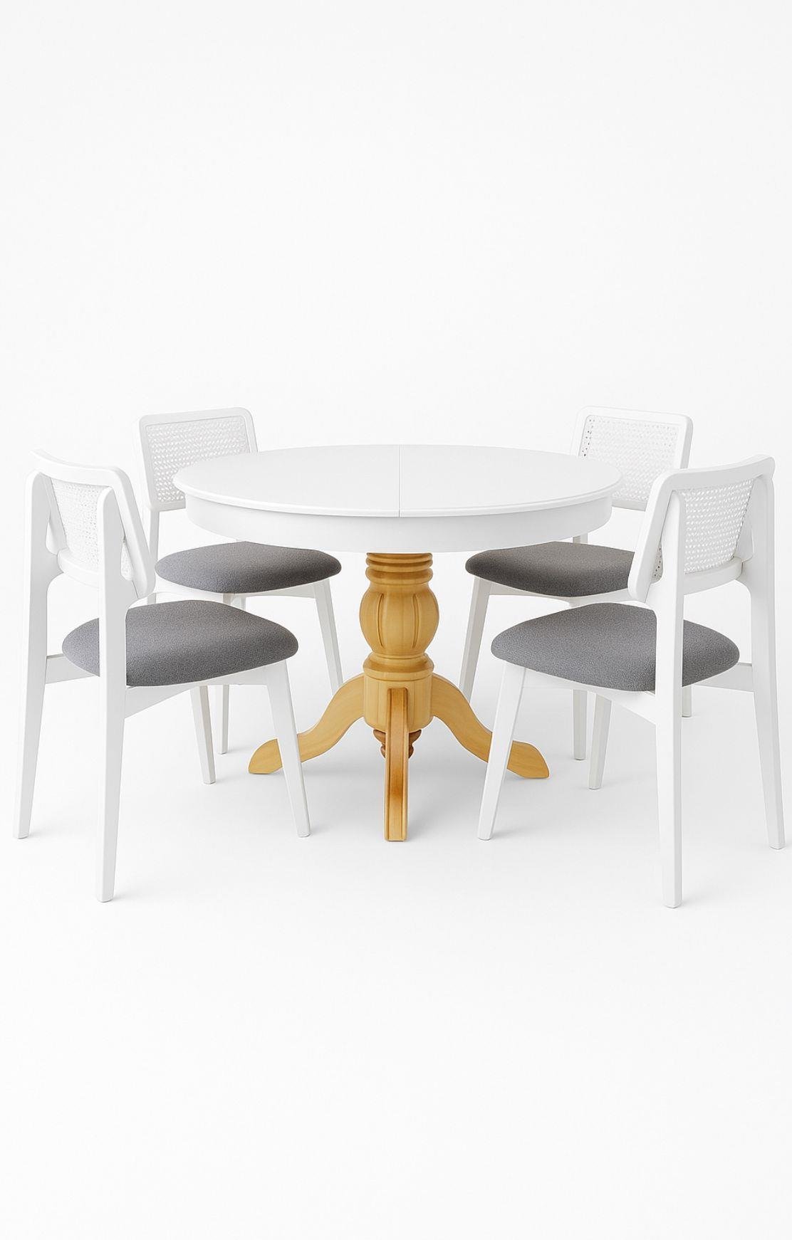 Yuvarlak Açılır Masa – Hasırlı Sandalyeli Ahşap Masa Takımı Beyaz