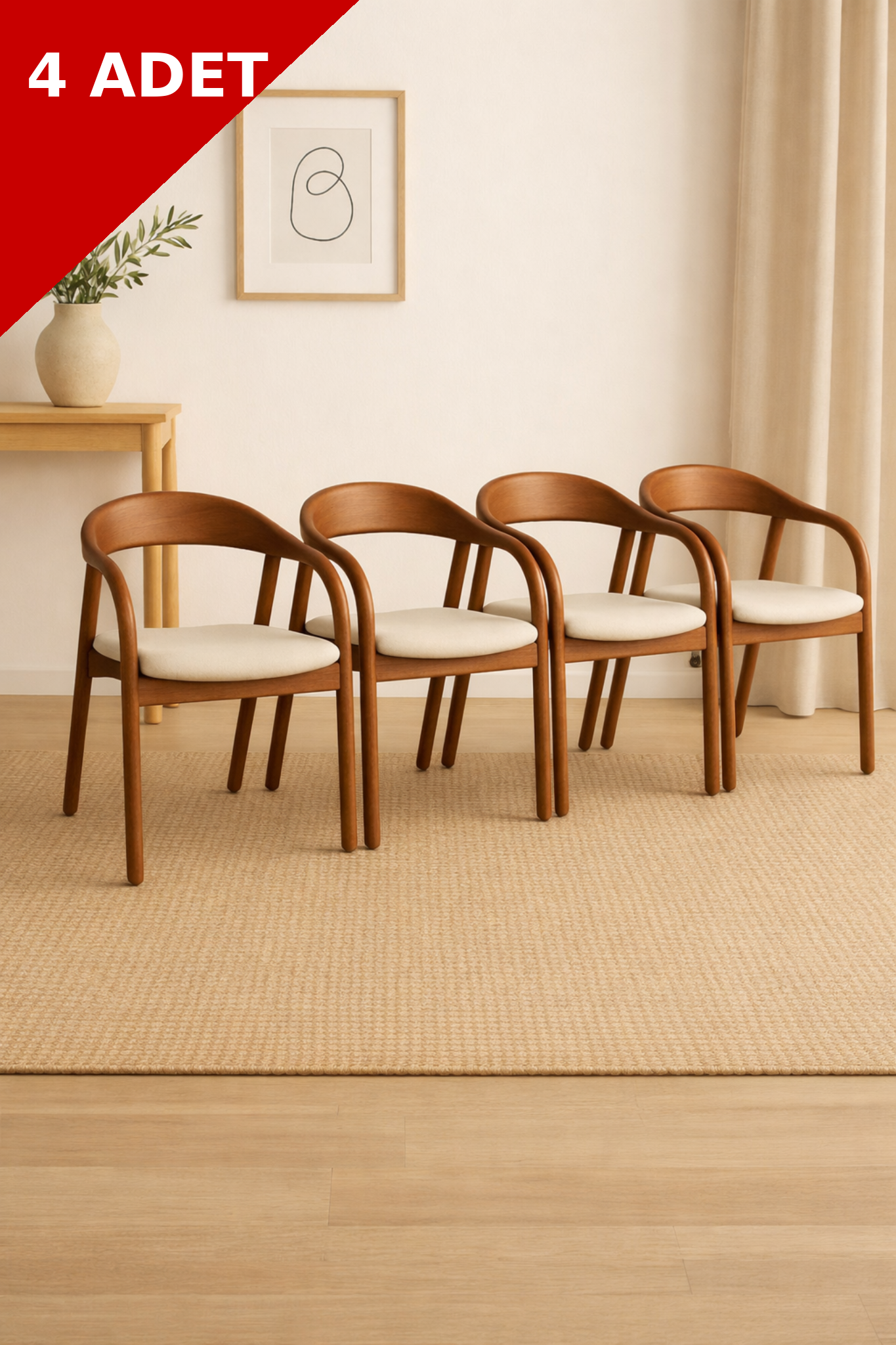 Zen Ceviz Renk Kollu Kayın Sandalye – Ahşap Detaylı El İşçiliği (4 Adet)